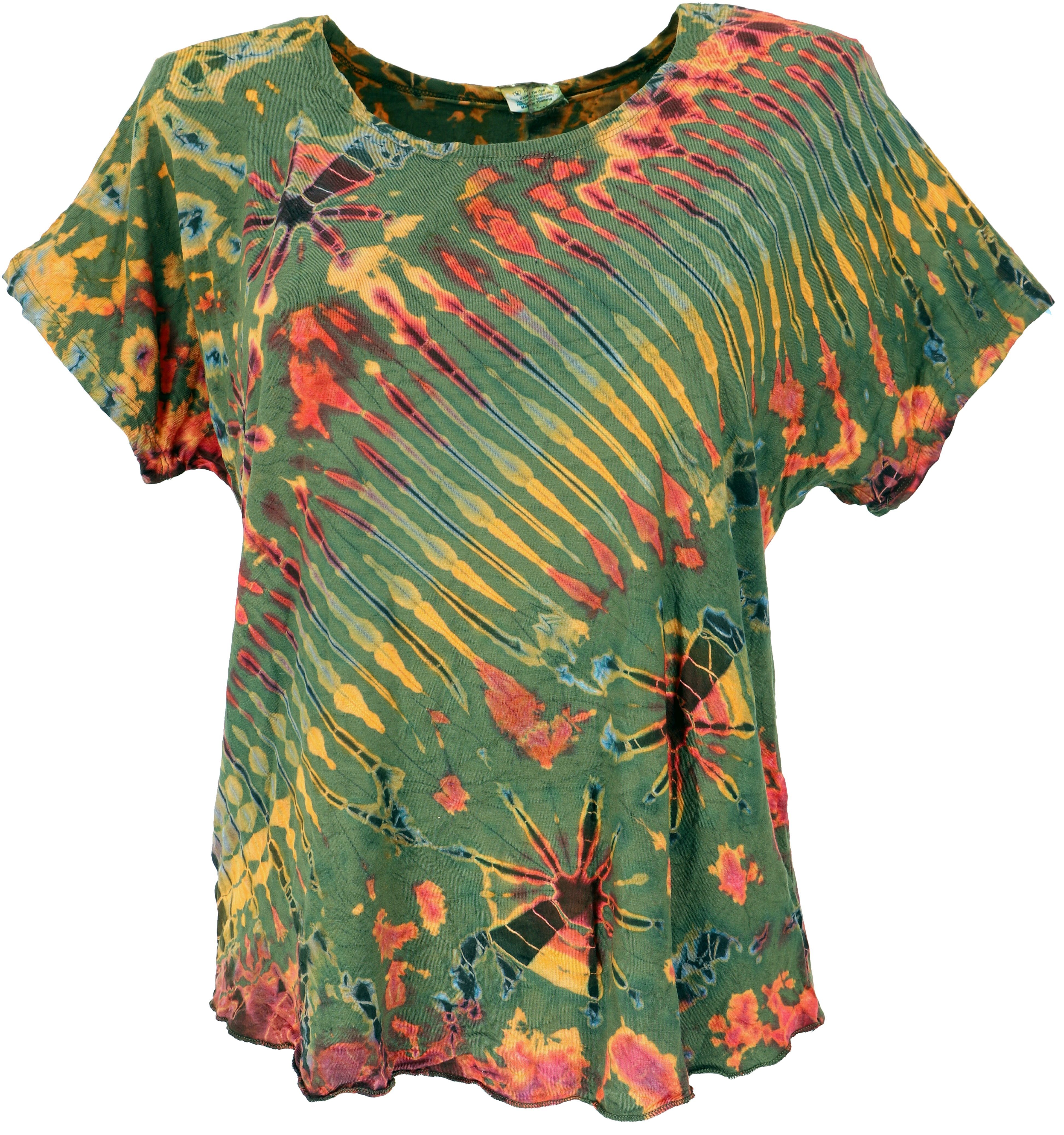 Guru-Shop T-Shirt Batik T-Shirt, Tie Dye Блузкиtop - olivgrün Festival, Ethno Style, Hippie, alternative Одяг