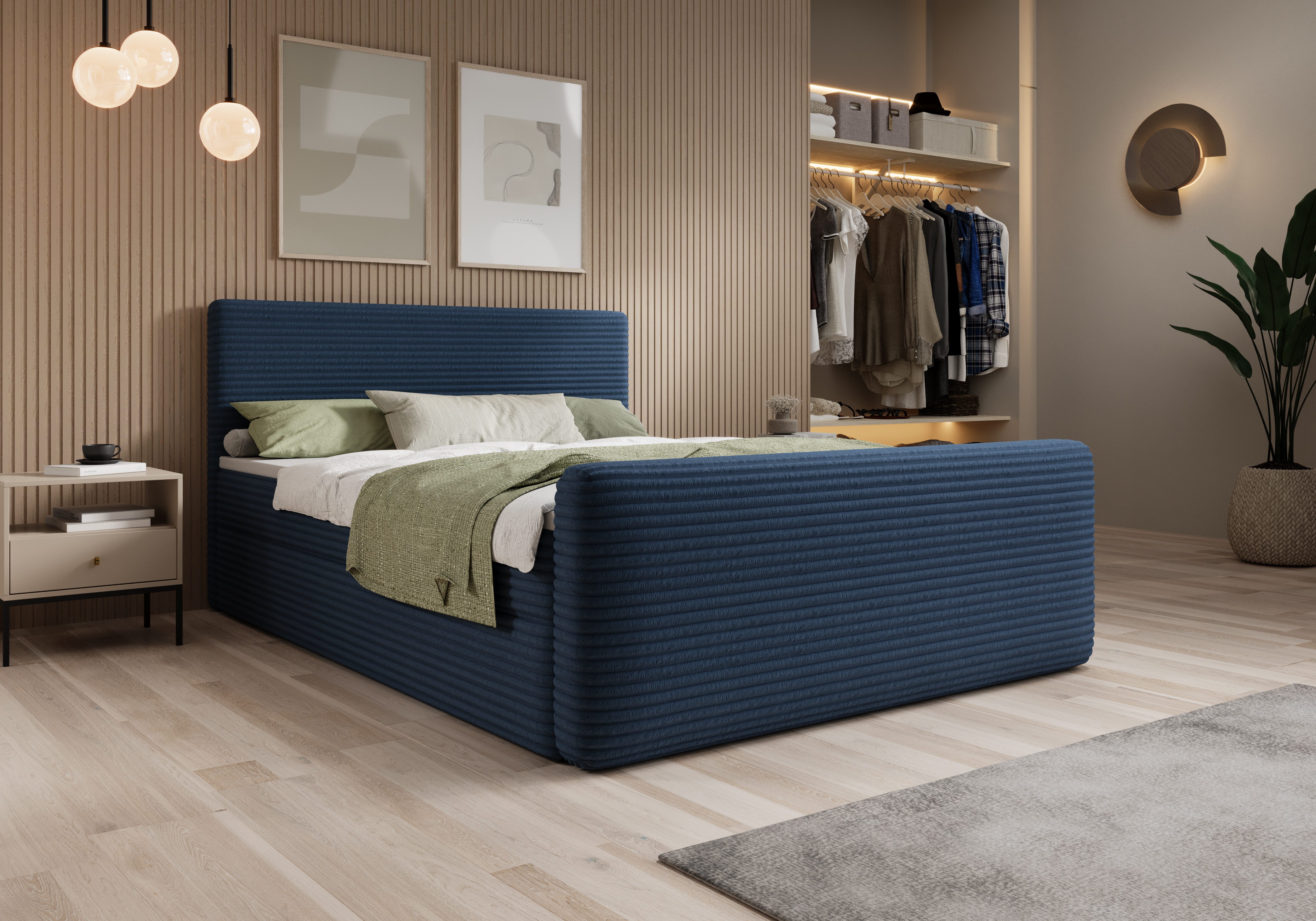 thematys Boxspringbett mit Bettkasten 140x200–200x200 cm – aus hochwertigen Cord Stoff (Doppelbett mit Stauraum, Polsterbett inkl. Matratze H3 & 3 cm Topper)