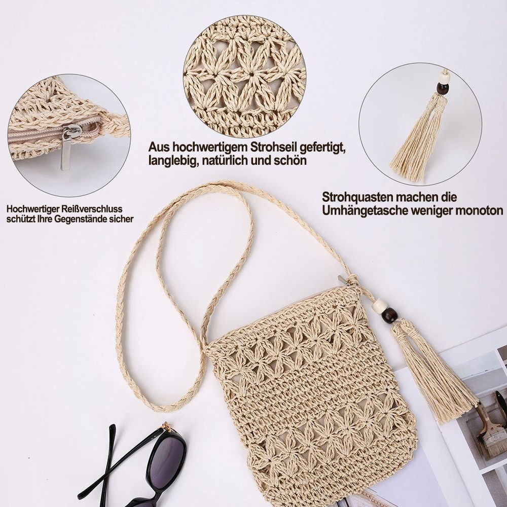 Oemmn Schultertasche Strandtasche für Damen, gehäkelte Sommertasche,Sommertasche, Geflochtene Tasche Boho,Vintage Strandtasche aus Stroh mit Quaste