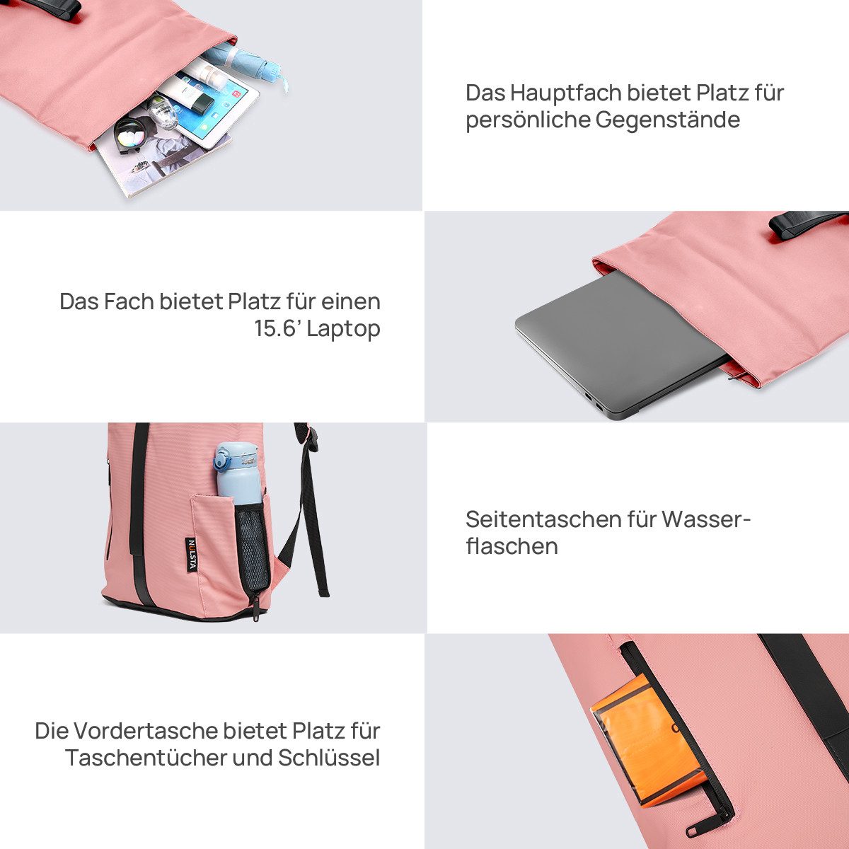 NULSTA Rucksack Rolltop Rucksack Wasserdicht Damen & Herren Daypack Freizeitrucksack, 30*15*40cm,Cityrucksack,Tourenrucksack,Schulrucksack