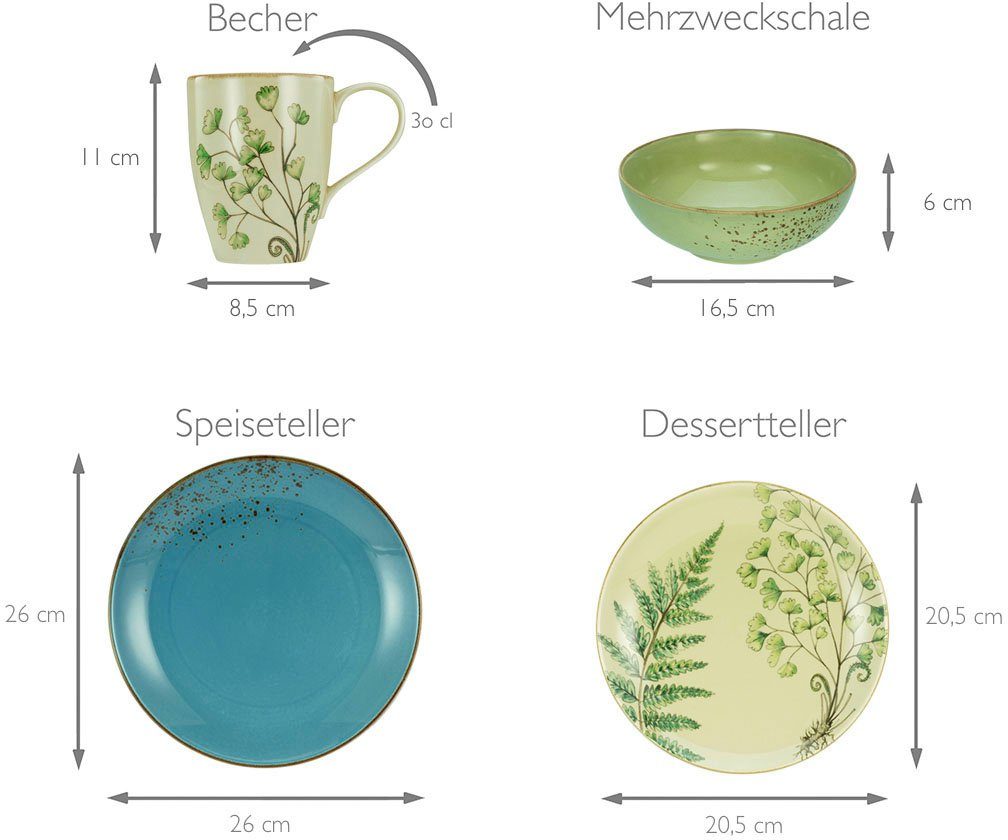 4 Botanica Personen, Kombiservice (16-tlg), unifarbenes Geschirr-Set für Service, Teile, CreaTable 4 16 Blattmotive, Personen mit Steinzeug, Dekor