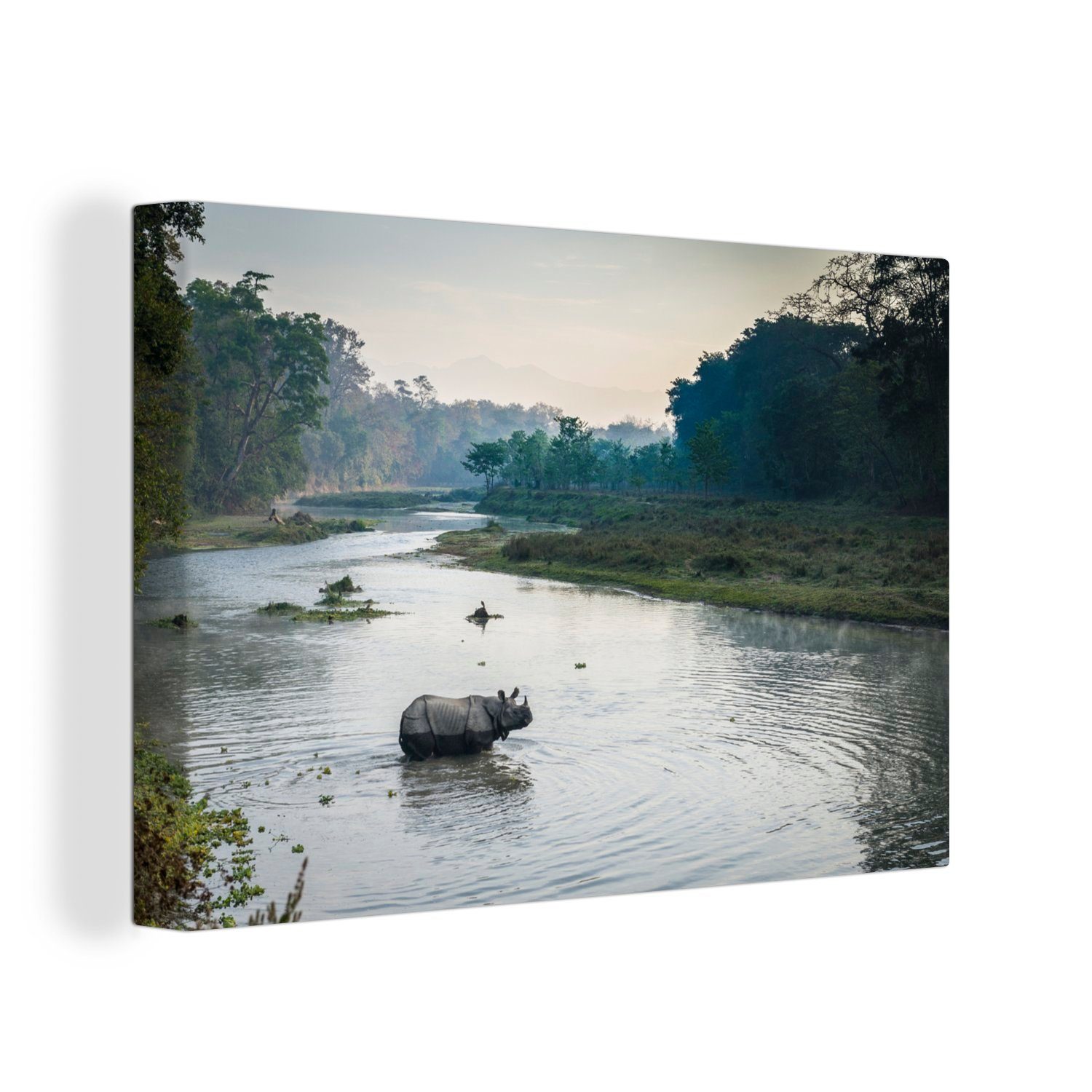 OneMillionCanvasses® Leinwandbild Nashorn beim Wanddeko, Leinwandbilder, (1 im 30x20 Chitwan-Nationalpark, St), des cm Aufhängefertig, Nepal, Überqueren Wandbild Flusses