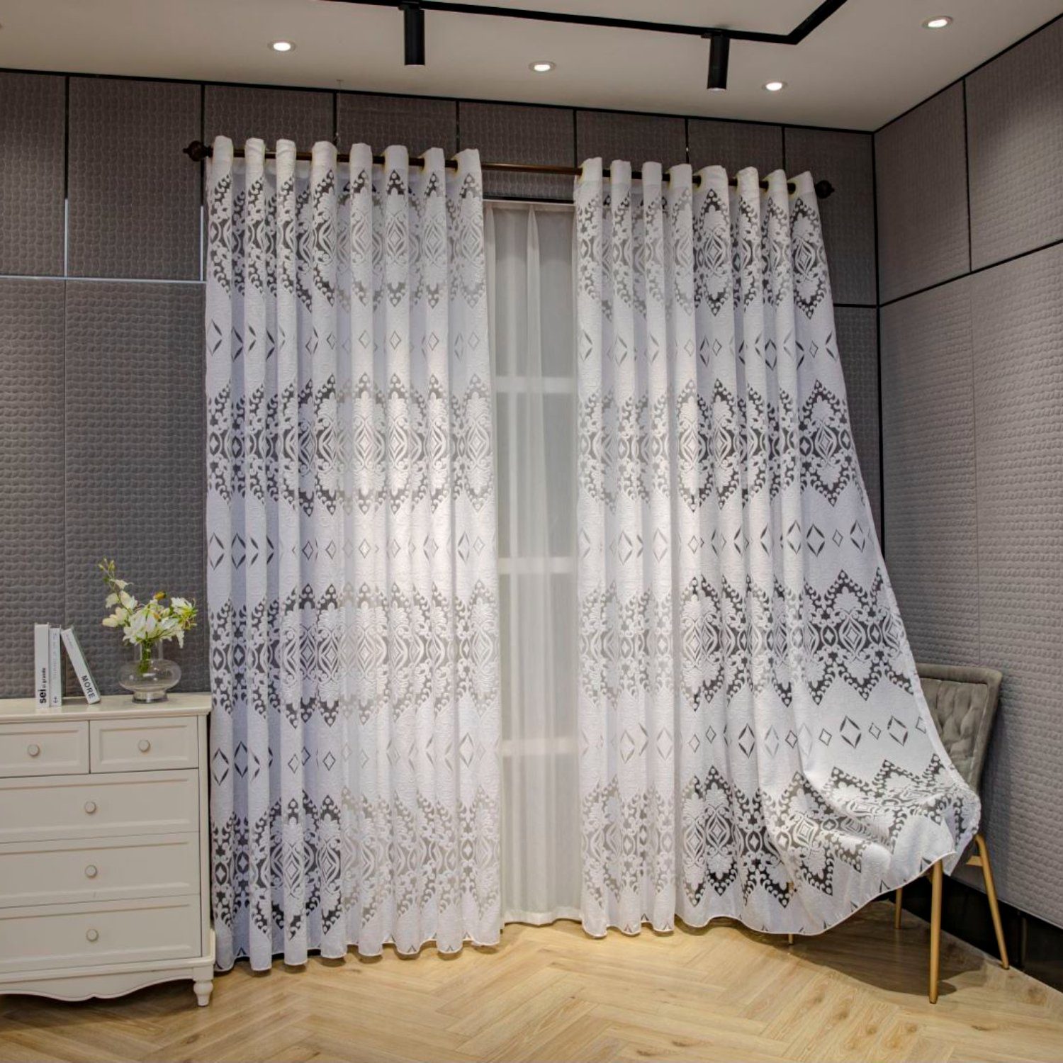 HOMEIDEAS, Geprägter, Vorhang Ösen bestickter halbtransparent, St), Gardine, Weiß (2