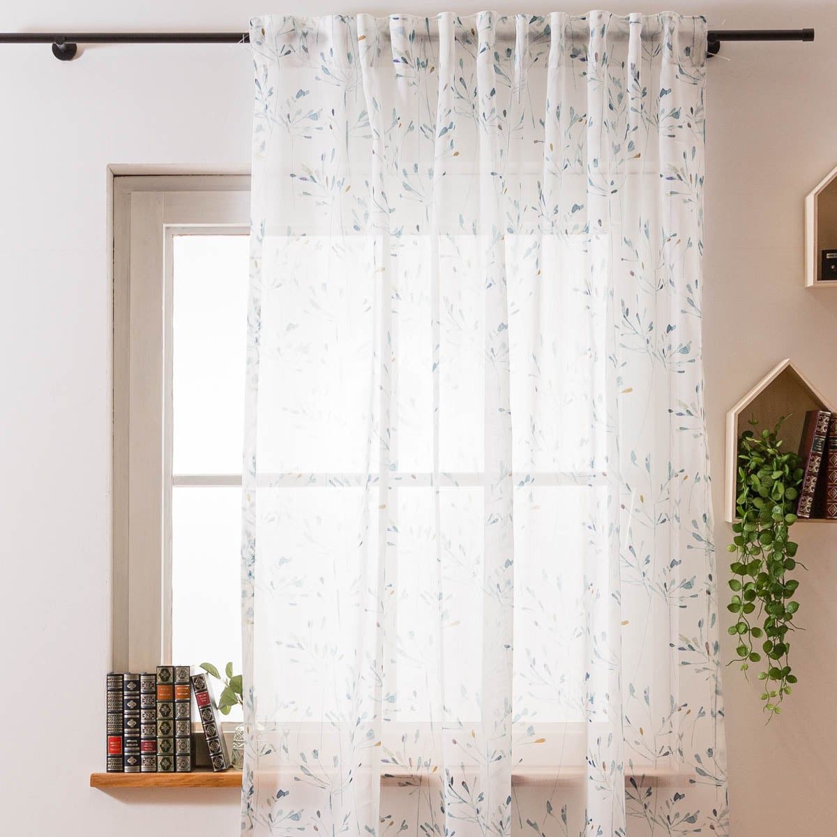 SCHÖNER LEBEN. Vorhang Gardine mit Smok-Schlaufenband Blätter weiß türkis 245cm Höhe, Smokband, leicht perforiert, Voile
