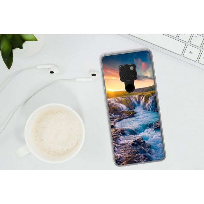 MuchoWow Handyhülle Wasserfall - Pflanzen - Moos - Landschaft - Sonnenuntergang - Fels Phone Case Handyhülle Huawei Mate 20 Silikon Schutzhülle OR12436