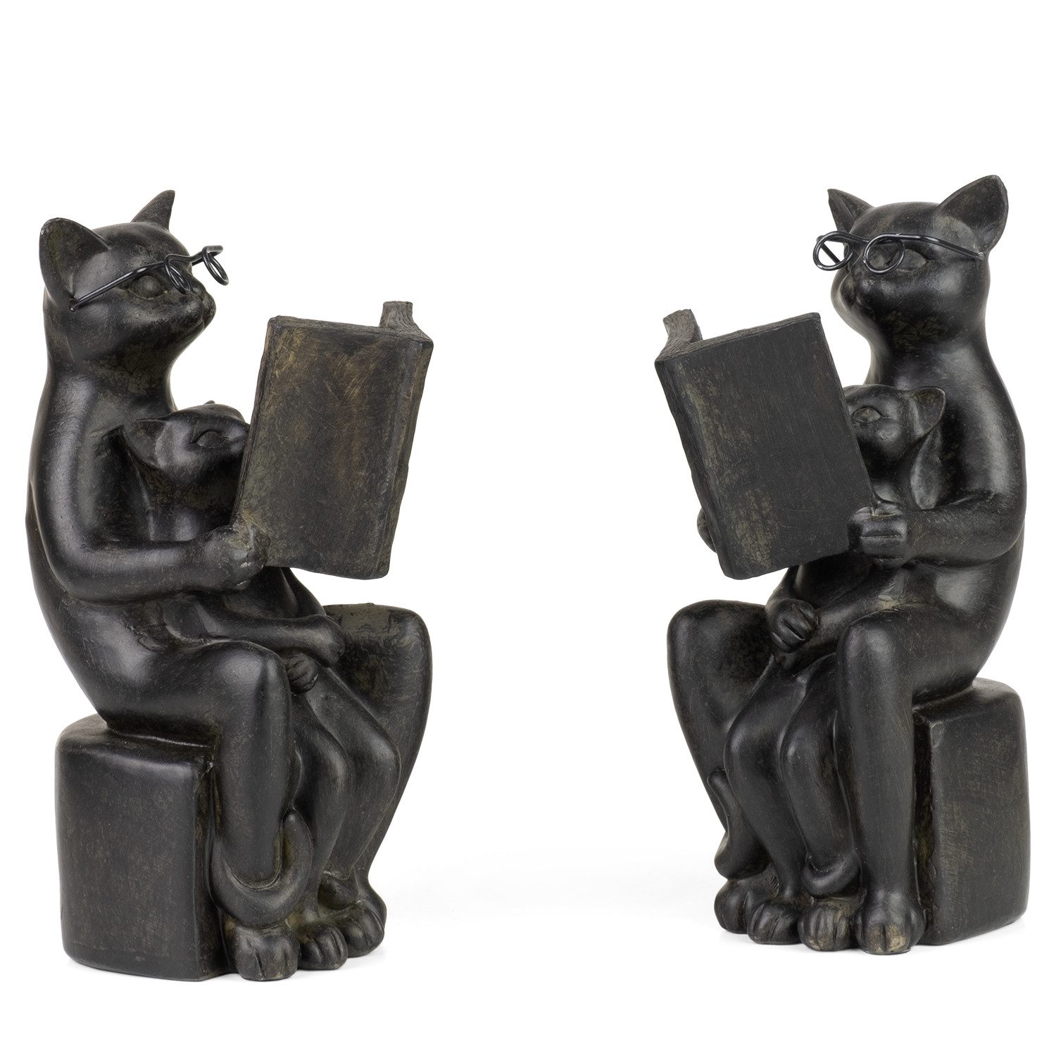 Moritz Dekofigur Buchstützen Katzen Фигурки 2er Set Schwarz Buch Brille, Polyresin Фигурки Deko Geschenk Geometrische TierFigur Modern Skulptur