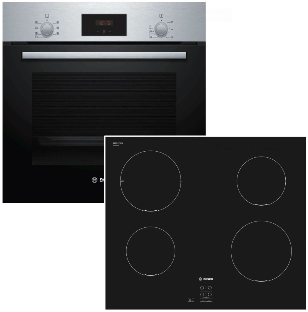 BOSCH Backofen-Set Heissluft Induktionskochfeld TouchSelect 66 Liter Edelstahl rahmenlos, mit Nachrüstbar, EcoClean Direct