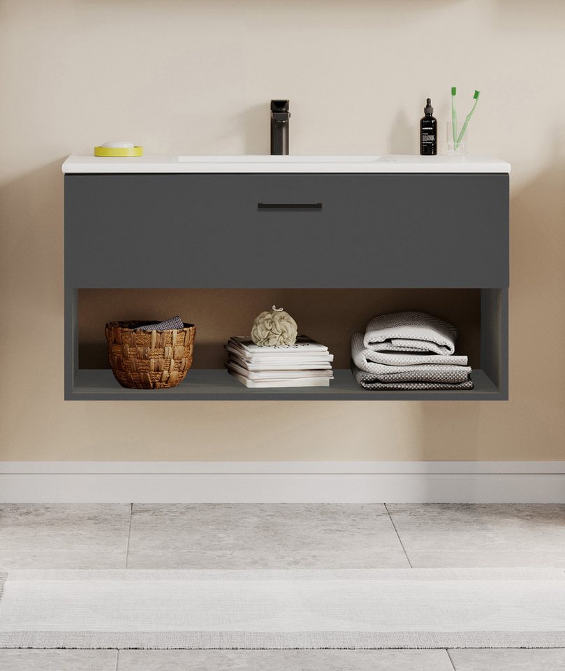 Thumbnail - welltime Waschtisch Trento Light, 60cm, 80cm, 100cm, Keramik-Auflagebecken, 1 Auzug und 1 offenes Fach