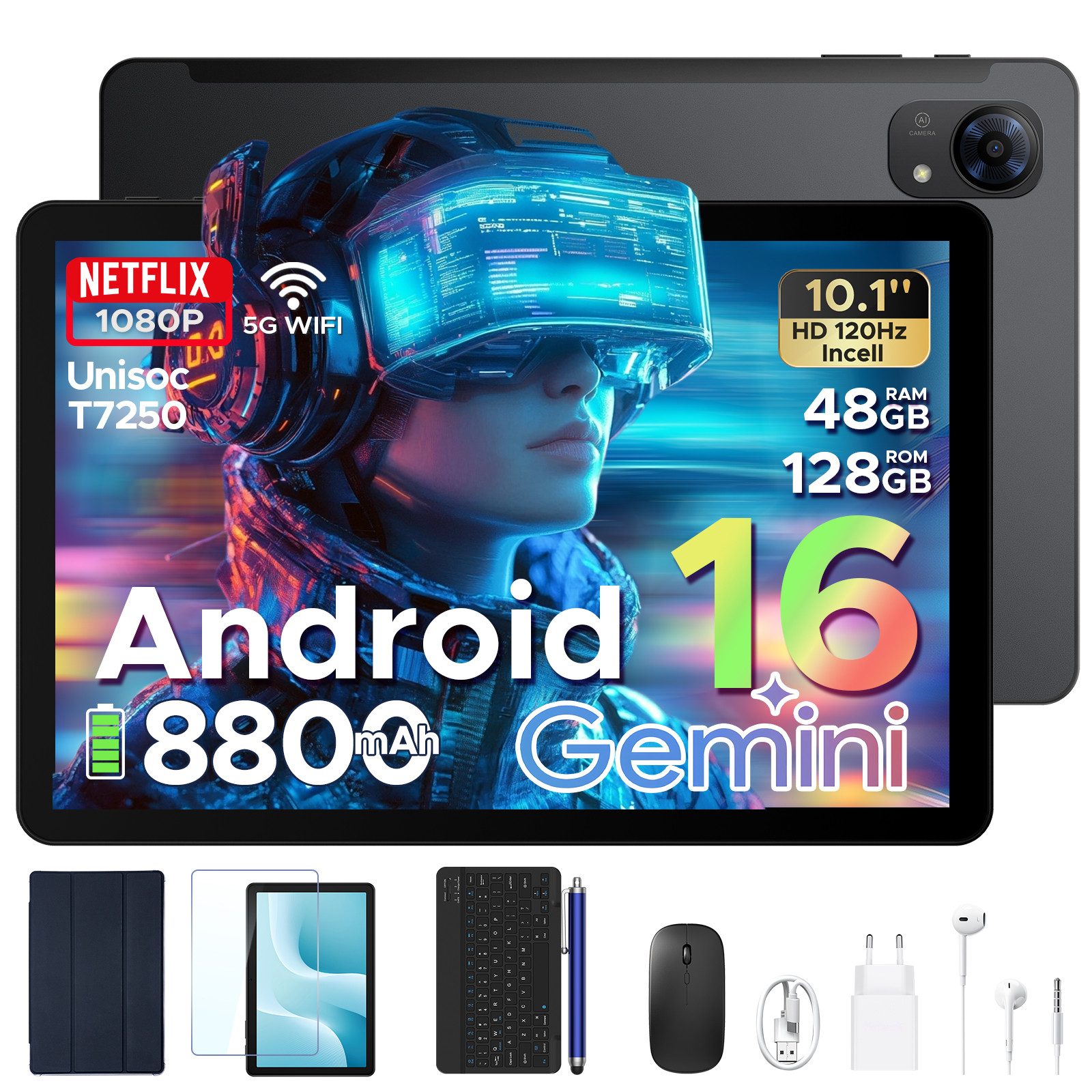 POCKAM Kinder Lern-Tablet mit Elternkontrolle 10'' Android 16, 64GB ROM kids Tablet (10.1", 64 GB, Android 16, WiFi, 8GB, 13 MP,Gemini AI,5G WiFi/Widevine L1/GPS/Face ID/zwei Lautsprecher)