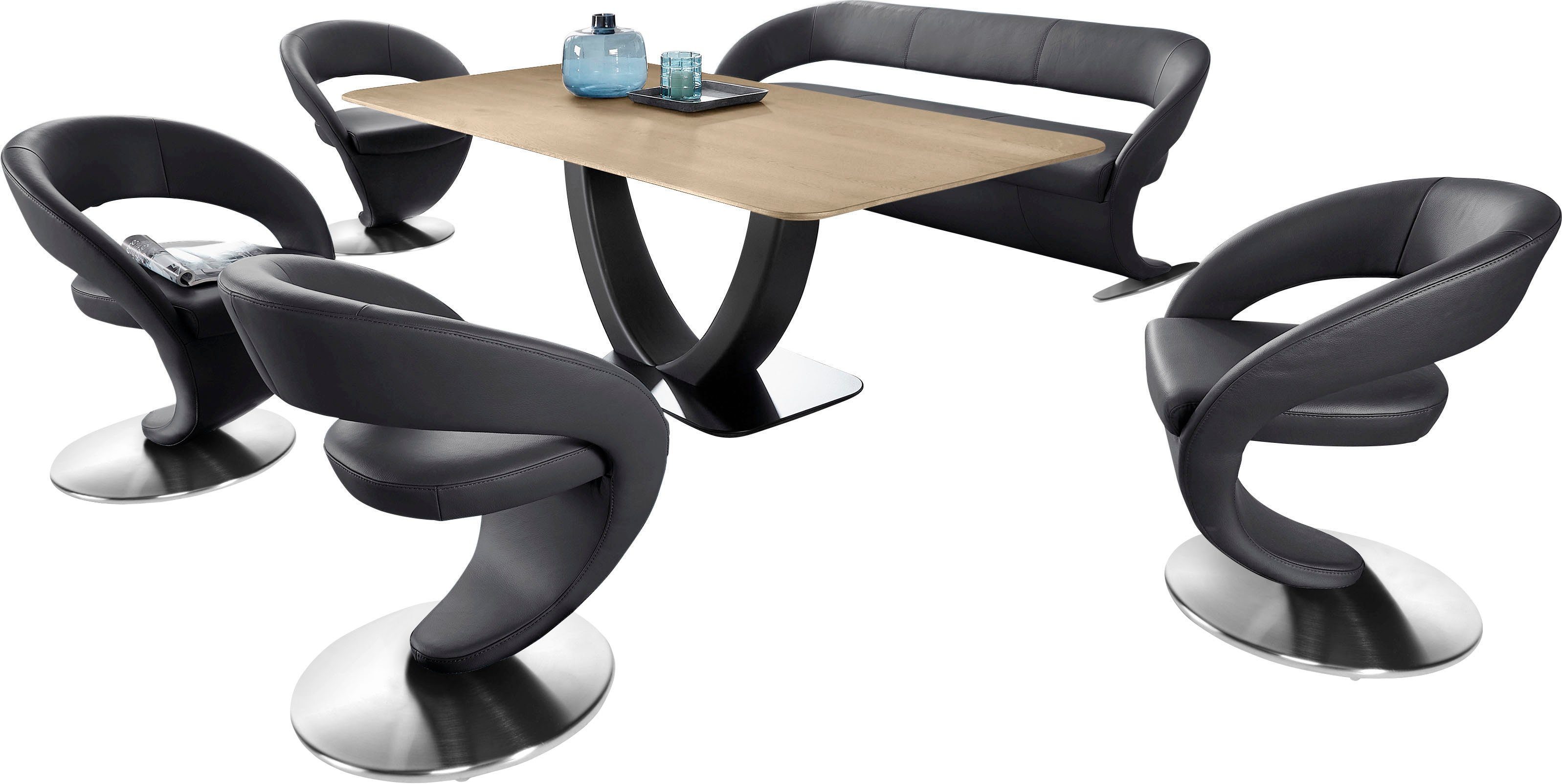 K+W Komfort & Wohnen Essgruppe in Design-Drehstühlen Wave, und 4 mit 180x90cm (Set), Tisch Design-Solobank