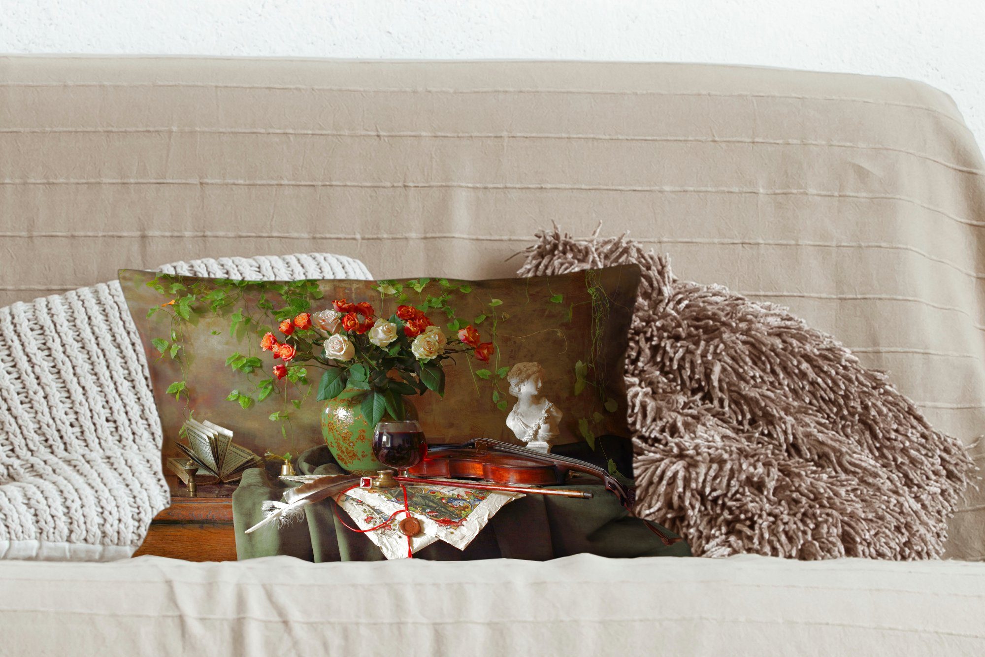 Stilleben, - Schlafzimmer Zierkissen, - Geige Füllung, mit Dekoration, Blumen MuchoWow Dekokissen Wohzimmer Dekokissen