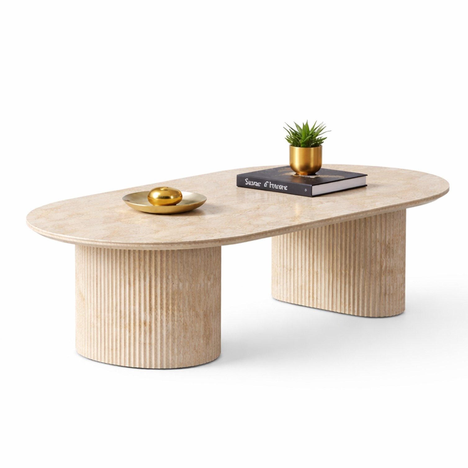 HOOZ Wohnzimmertisch Couchtisch oval Keramikplatte Traventin-Optik Säule Rund 130x70 cm (Set, 1× Couchtisch), Keramik-Tischplatte, verschiedene Varianten, pflegeleicht & stabil