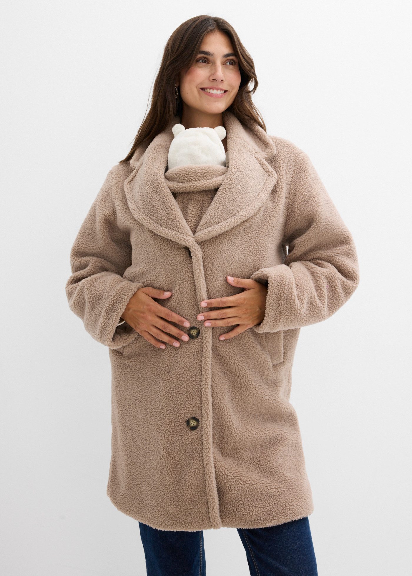 bonprix Umstandsmantel mit Babyeinsatz für Babys, aus warmem Teddyfleece, Loose Fit
