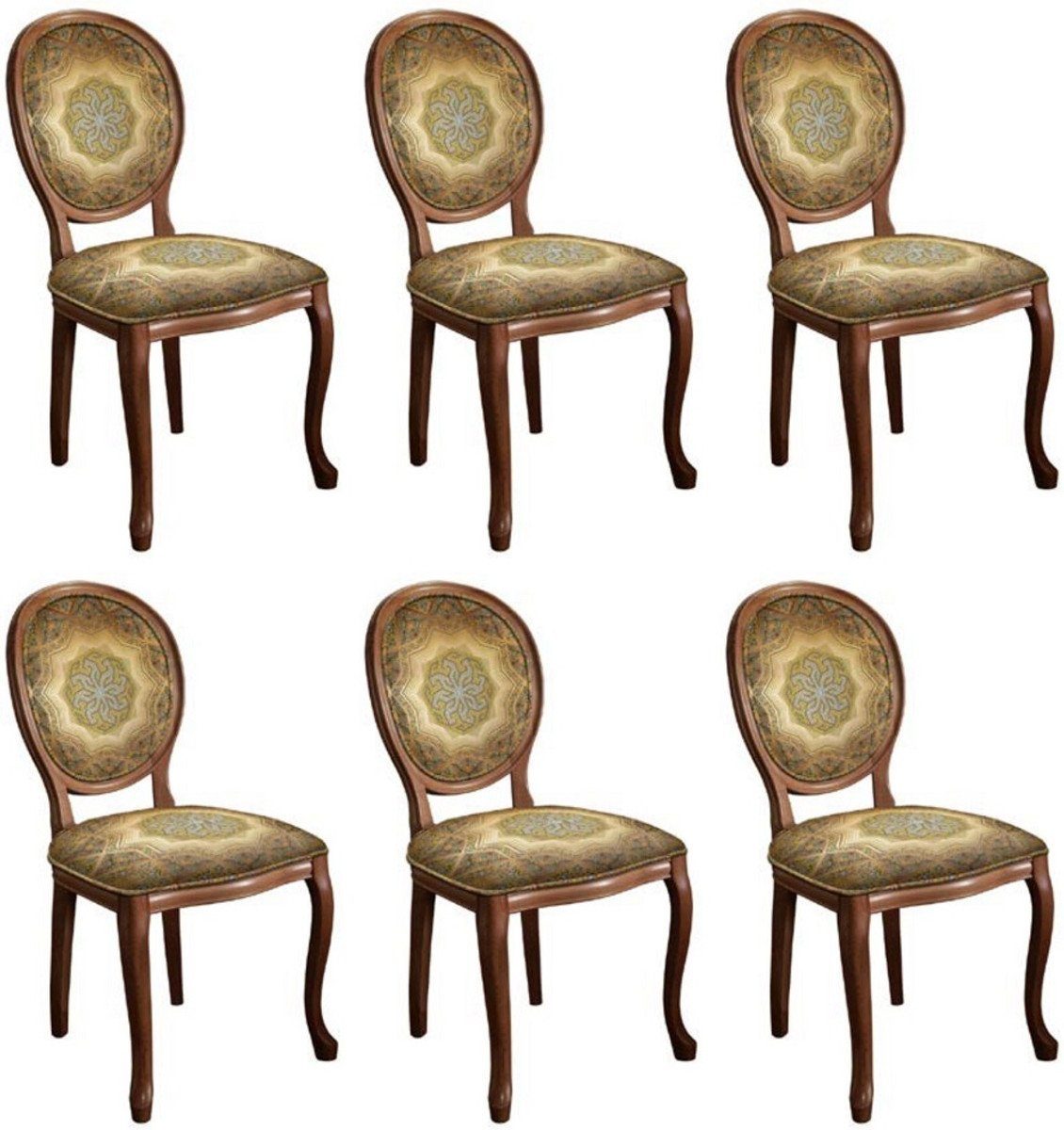 Casa Padrino Esszimmerstuhl Barock Esszimmerstuhl Set Mehrfarbig / Braun - 6 Handgefertigte Massivholz Küchen Stühle im Barockstil - Barock Esszimmer Möbel