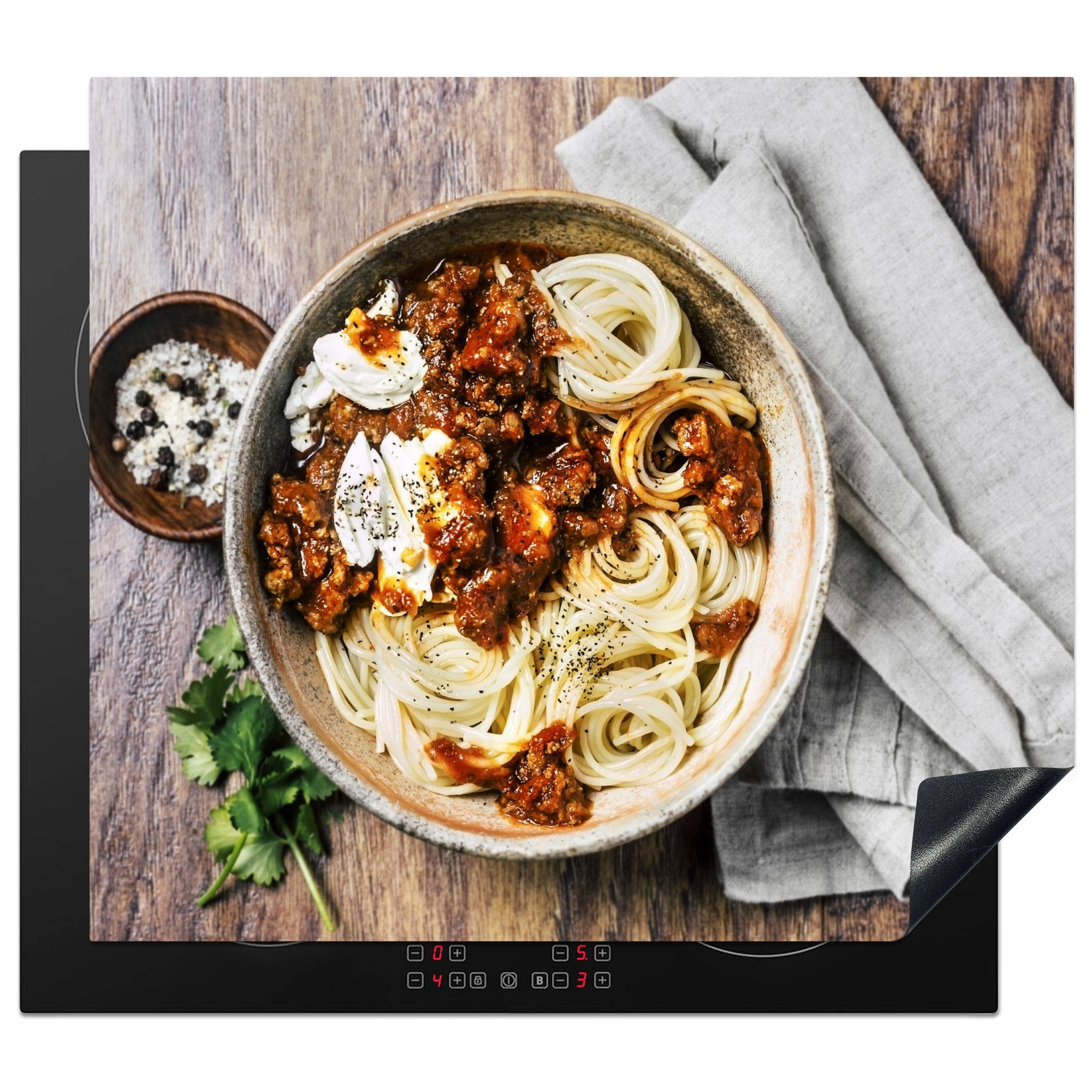 MuchoWow Herdblende-/Abdeckplatte Spaghetti mit Mozzarella, Vinyl, (1 tlg), 60x52 cm, Mobile Arbeitsfläche nutzbar, Ceranfeldabdeckung
