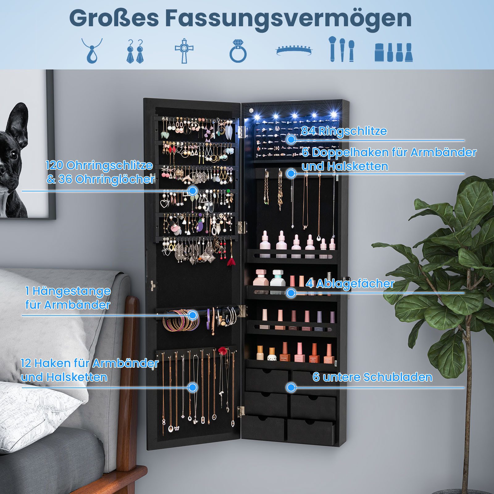 COSTWAY Schmuckschrank mit LED & Ganzkörperspiegel, für Tür und Wand mit LED & Ganzkörperspiegel, für Tür und Wand – Bild 4 von 5
