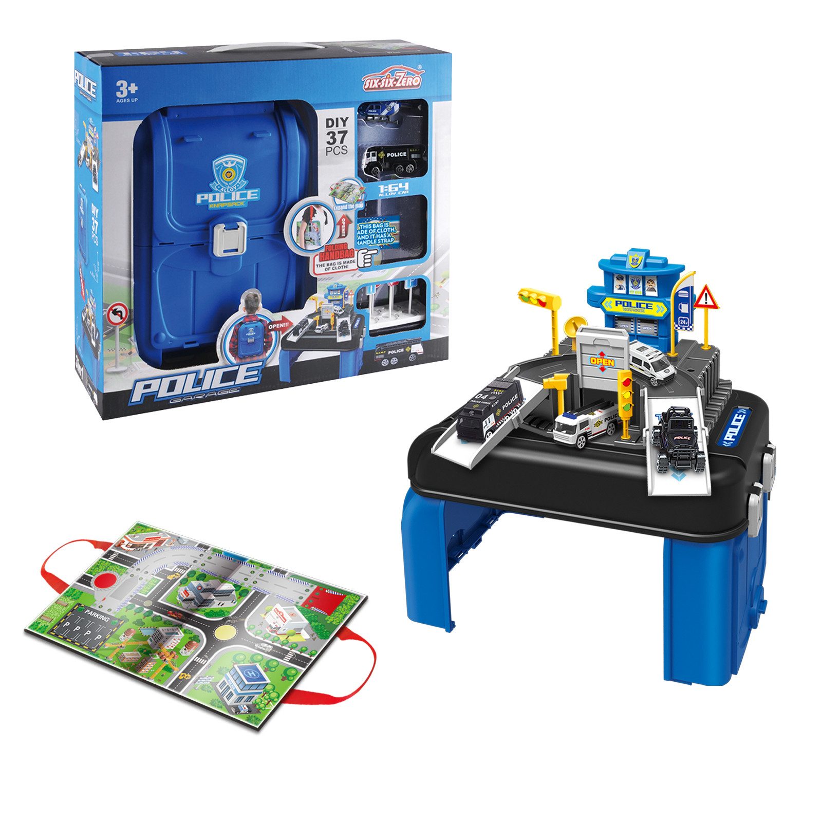 Esun Spiel-Parkhaus Parkhaus für Kinder, Parkgarage Feuerwehr und Polizei Spielzeug garage (SET, Komplettset), Tragbares Rucksackdesign autogarage kinder 3 jahre