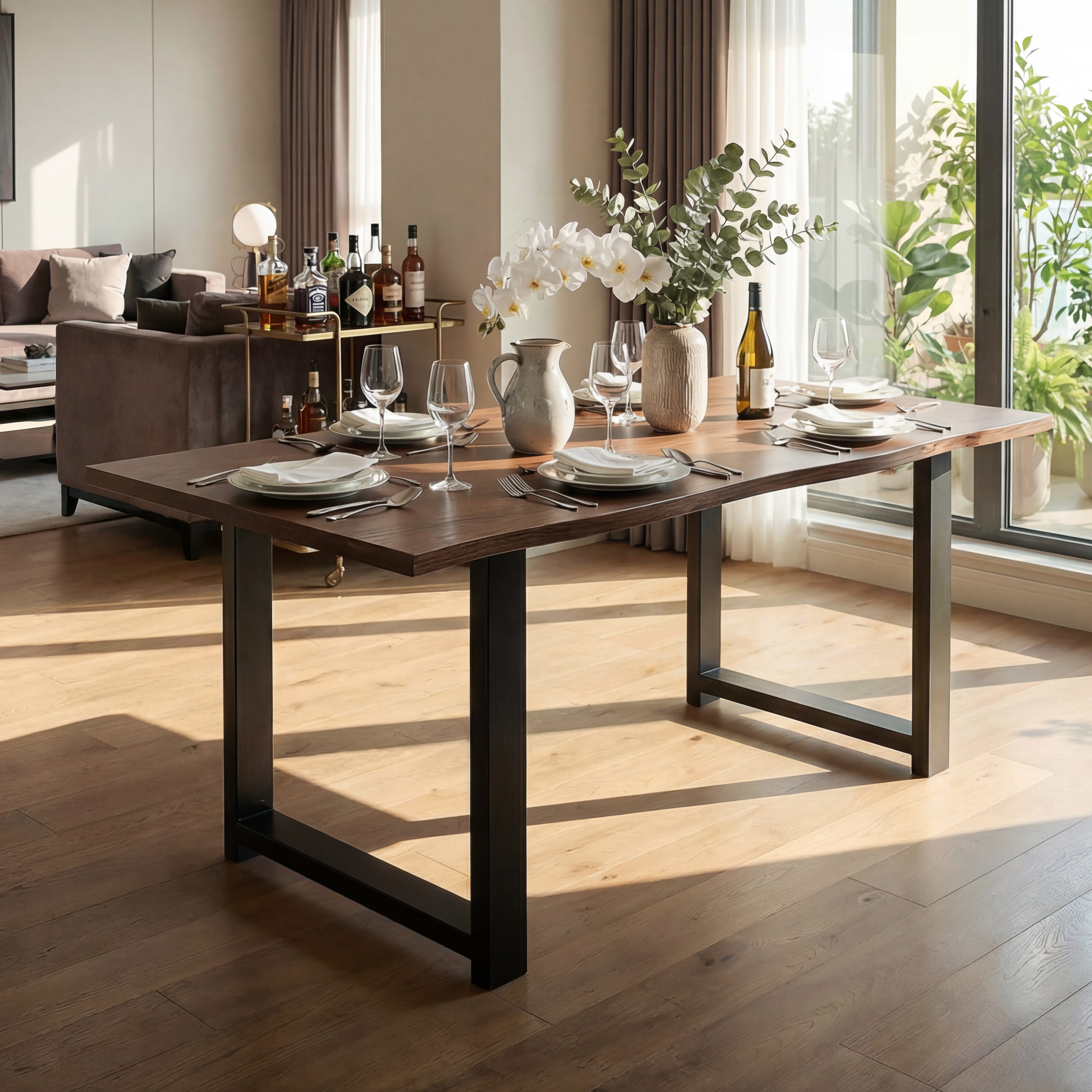 HOMSEE Esstisch 160 x 80 cm aus Massivholz in Braun (1-St), Industrie-Design mit natürlicher Baumkante & stabilen Metallbeinen