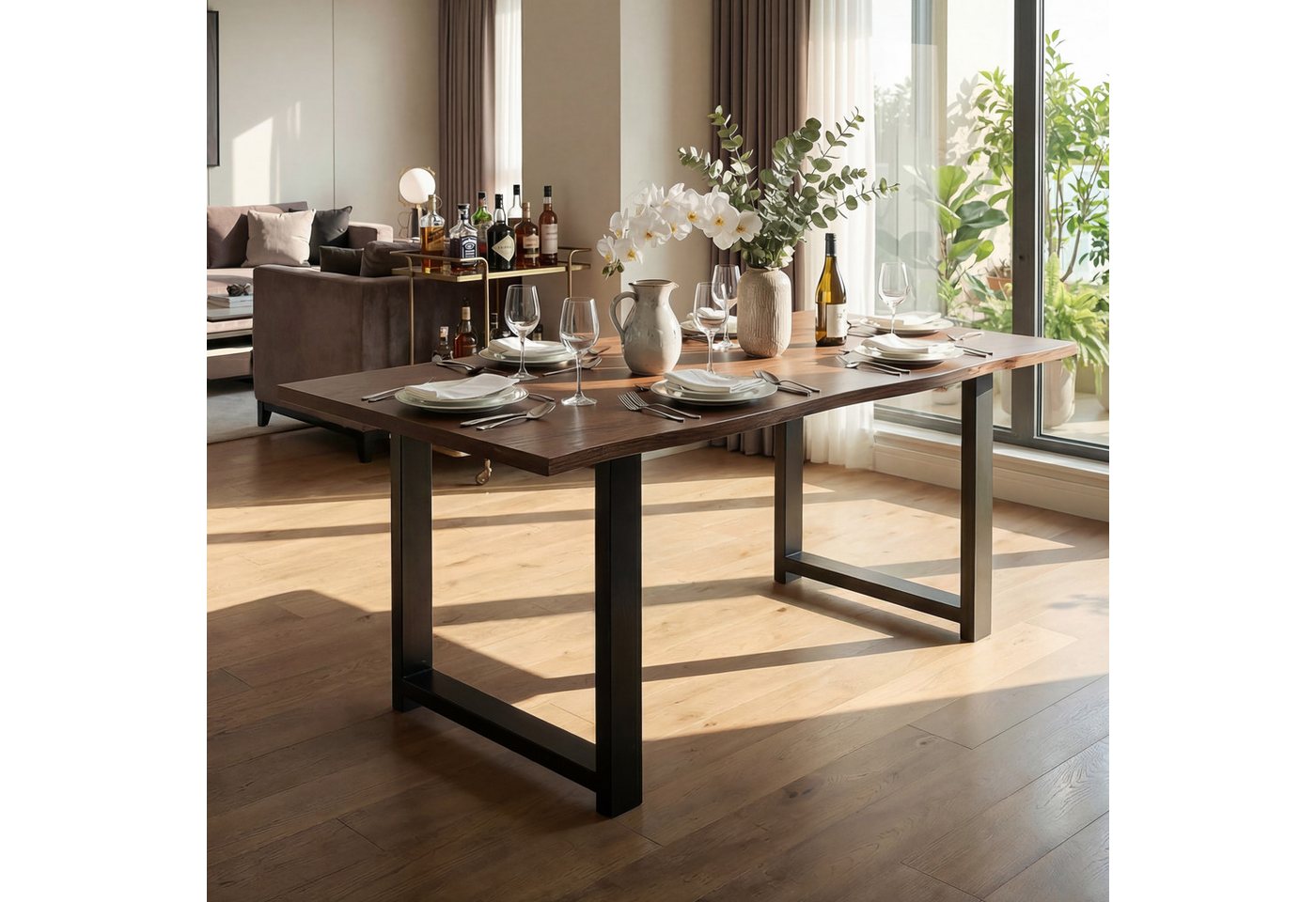 HOMSEE Esstisch 160 x 80 cm aus Massivholz in Braun (1-St), Industrie-Design mit natürlicher Baumkante & stabilen Metallbeinen