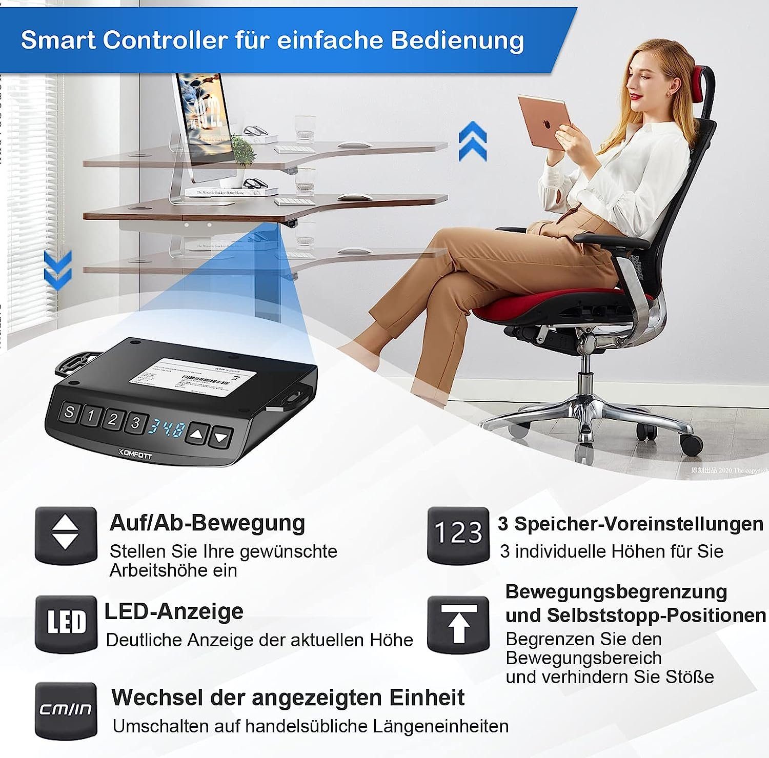 KOMFOTTEU Tischgestell elektrischer Stehpultgestell, höhenverstellbar, 2 Motoren& 4 Memory-Steuerung