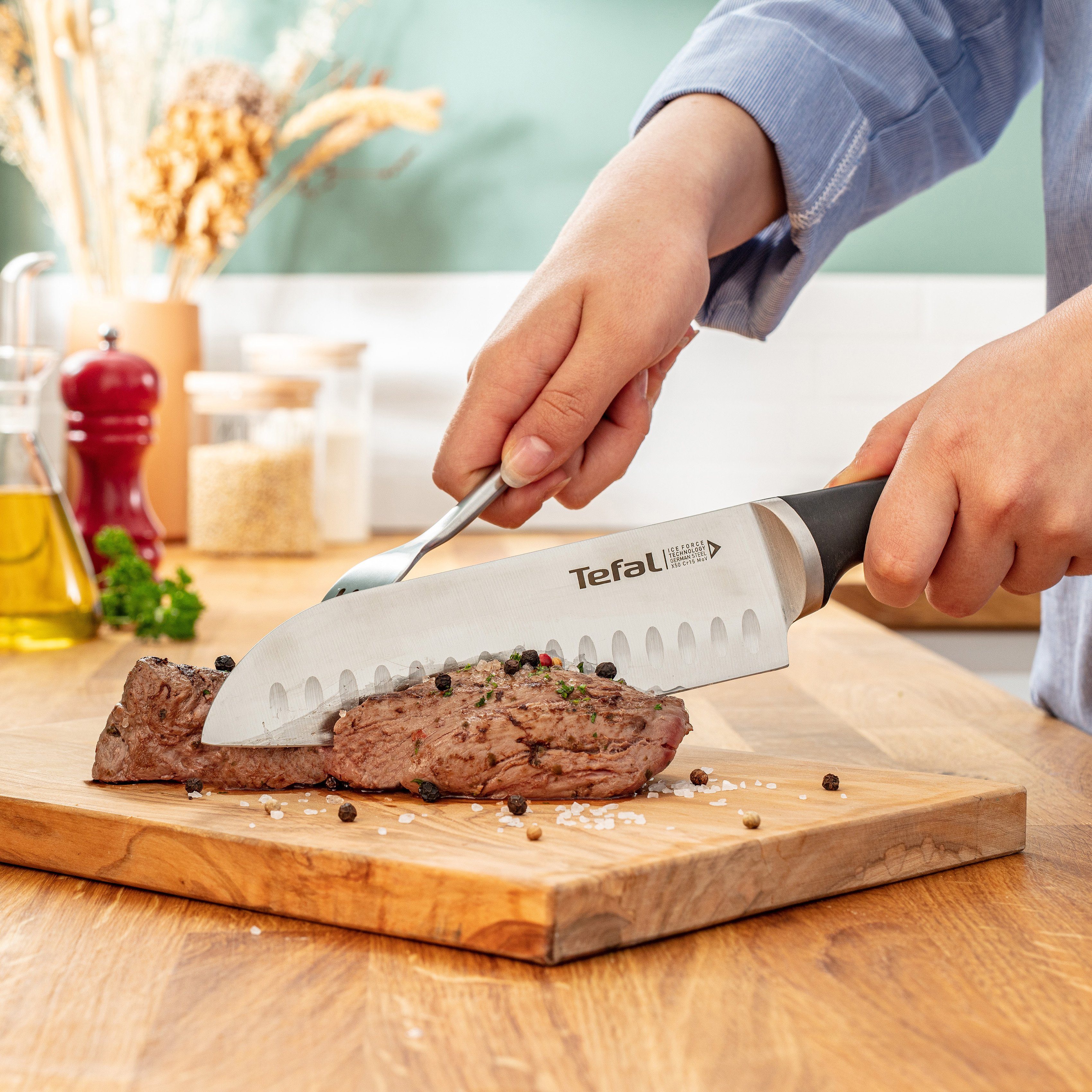Tefal Messer-Set K232S374 Ice Force (Set, 3-tlg., Fleischmesser 20 cm, Santokumesser 18 cm, Universalmesser 11 cm), Edelstahl, lang anhaltende Schneidleistung und Schärfe