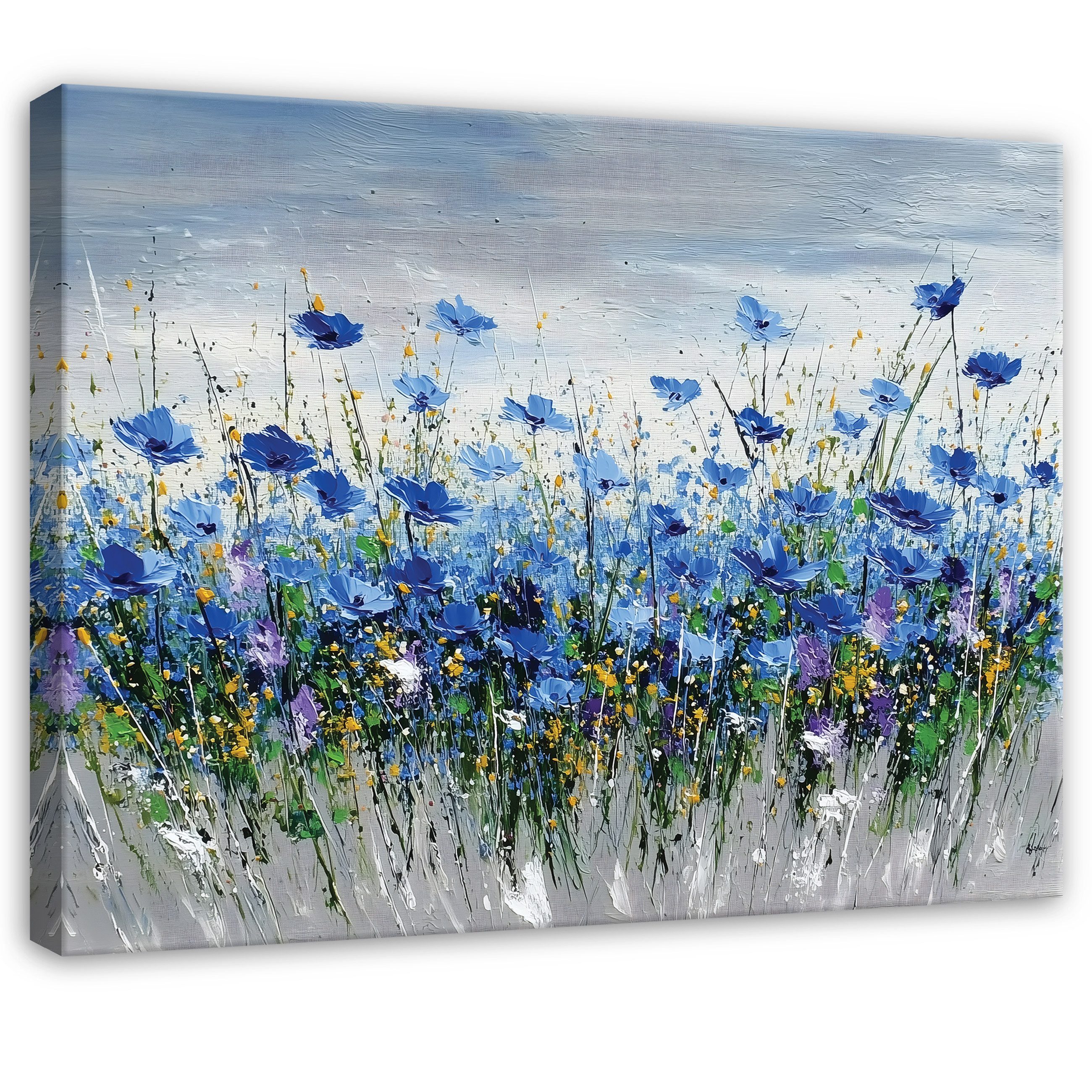 Wallarena Leinwandbild Blumen Aquarell - Blau - Elegant - Wohnzimmer, Blumen, 40x30x2cm