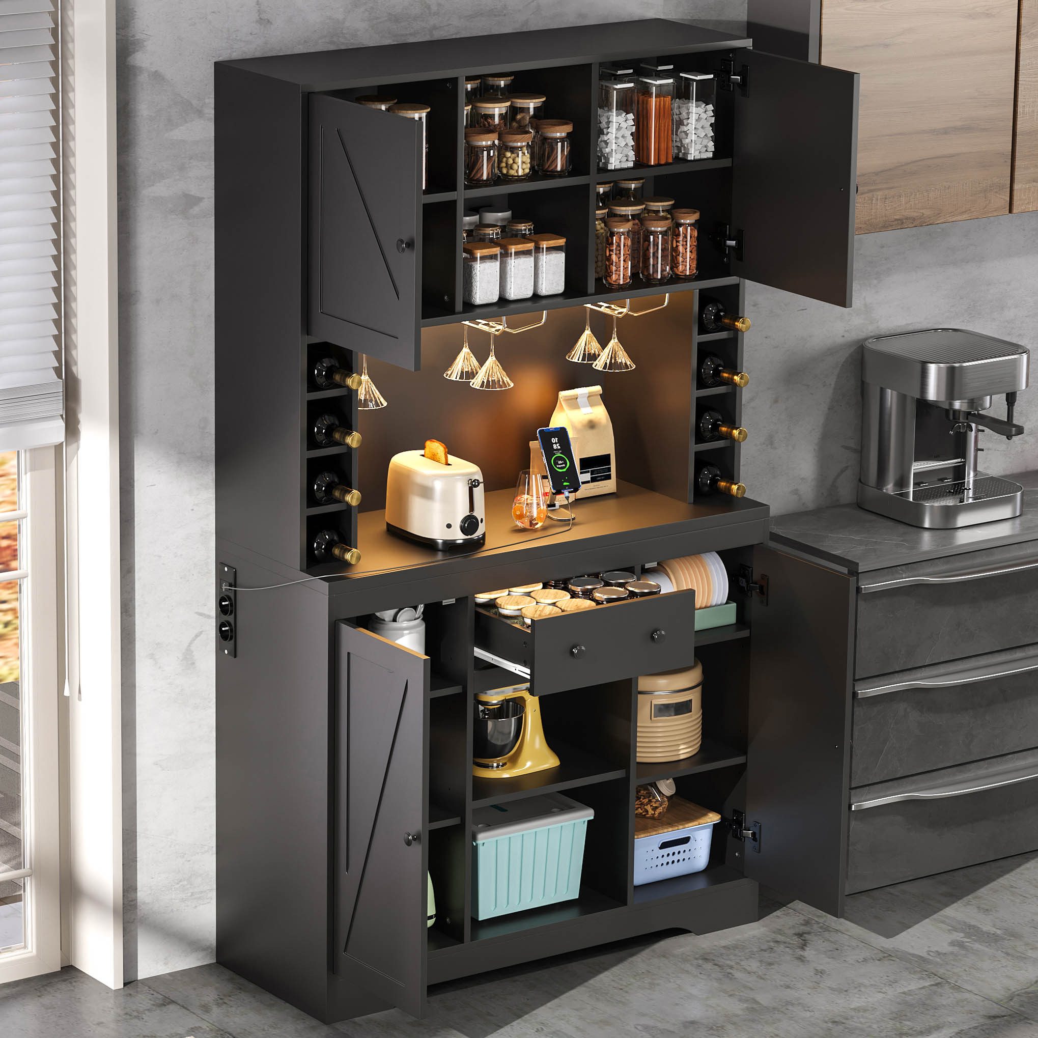 Flieks Küchenbuffet mit Steckdosen, LED-Beleuchtung, Weinregal und Gläserhalter (1-St., B105/T39/H180 cm) Hochschrank Küchenschrank mit verstellbaren Einlegeböden Schwarz