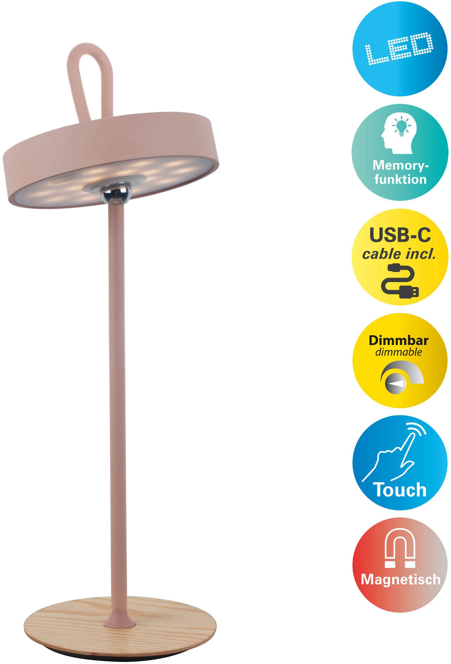 my home LED Tischleuchte Charmont mit Holzfuß, abnehmbares Kopfteil als Hängeleuchte verwendbar, Dimmfunktion, LED fest integriert, Warmweiß, aufladbar, inkl Akku + USB Kabel, Kopfteil magnetisch, abnehmbar, Holz