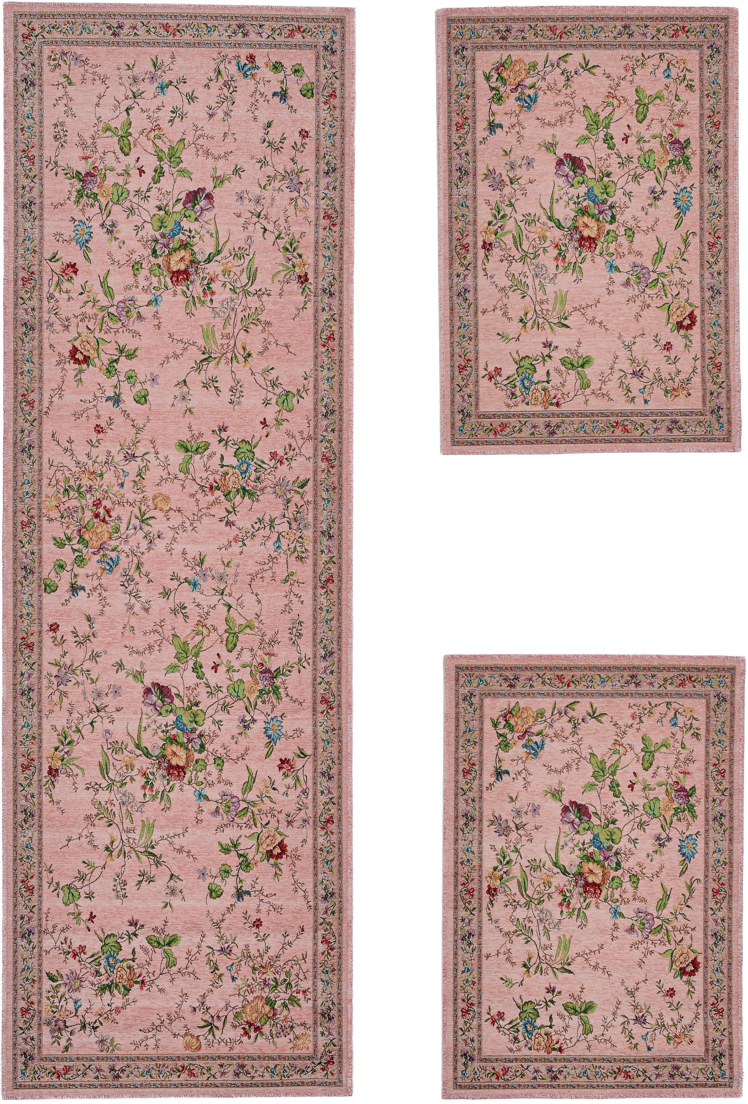 THEKO Bettumrandung Flomi Sagrini, Höhe 3 mm, (3-tlg), Teppich-Set, Flachgewebe, Pastell-Farben, Blumen Design, mit Bordüre