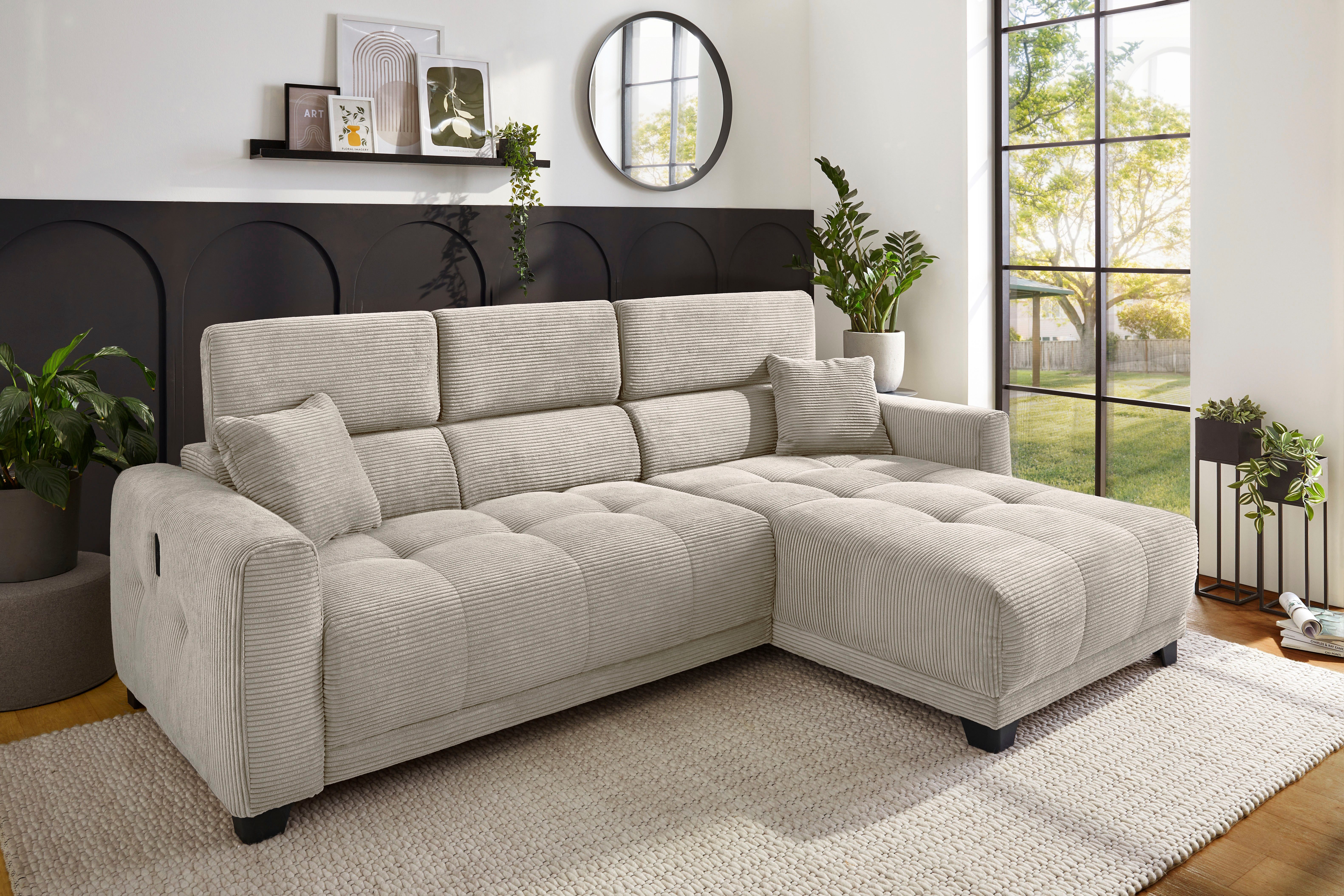 Jockenhöfer Gruppe Ecksofa Cremona L-Form, B: 263 cm, mit 30 cm elektr. Sitztiefenverstellung, 140kg Belastbarkeit je Sitz, Kopfteilverstellung & USB-Anschluss