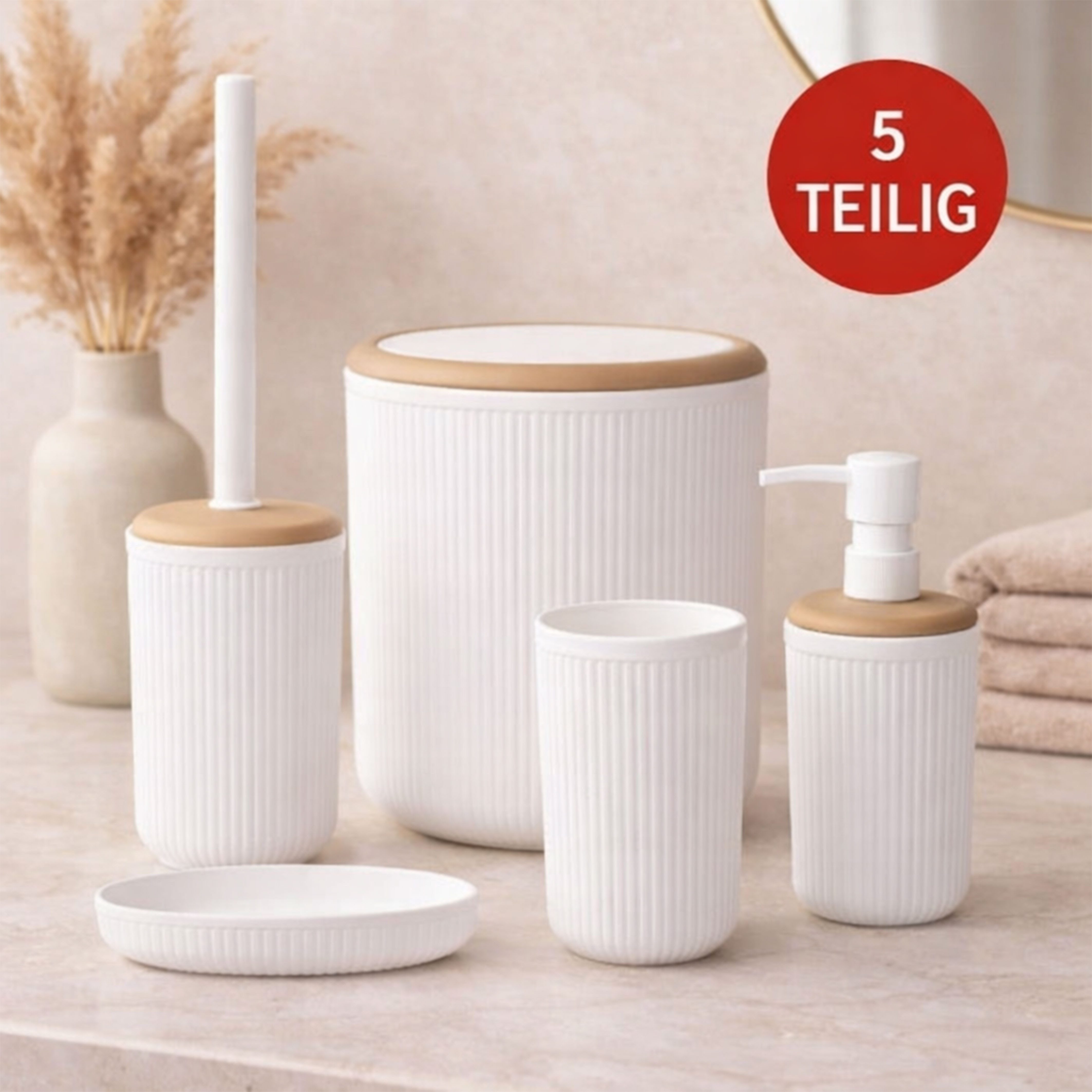 Jungengel Badezimmer-Set Mina Due Schwarz / Weiß Gestreiftes Rundes 5-teiliges Bad-Set, (Set, 5-St., 5-teiliges Badezimmeraccessoire-Set für moderne Badezimmergestaltung), 5-Tlg., Modernes Rillen-Design in Weiß oder Schwarz mit Holzoptik