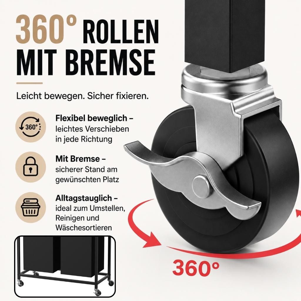 DanDiBo Ausziehwäschekorb Wäschekorb mit Rollen und 2 Ablage Wäscheregal Wäschesammler 2 Fächer – Bild 4 von 5