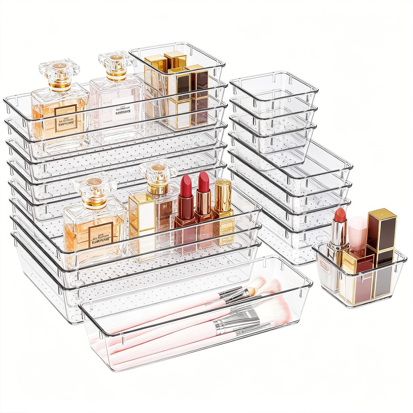 BlingBin Organizer 17/24 Stücke Schubladen Organizer Set, 4 Größen, Schubladeneinsatz (17er Set, 17 St., 17tlg), Drawer Organizer, Make up Ordnungssystem, für Schreibtisch, Küchen,Bad
