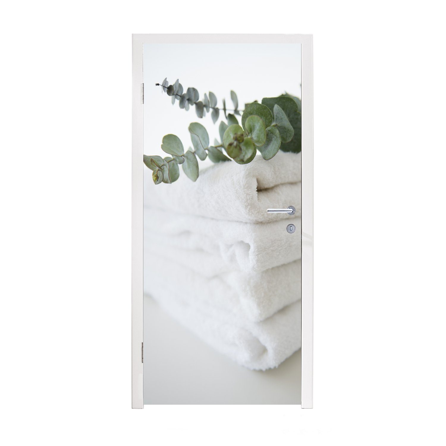 MuchoWow Türtapete Eukalyptusblätter auf weißen Handtüchern, Matt, bedruckt, (1 St), Fototapete für Tür, Türaufkleber, 75x205 cm