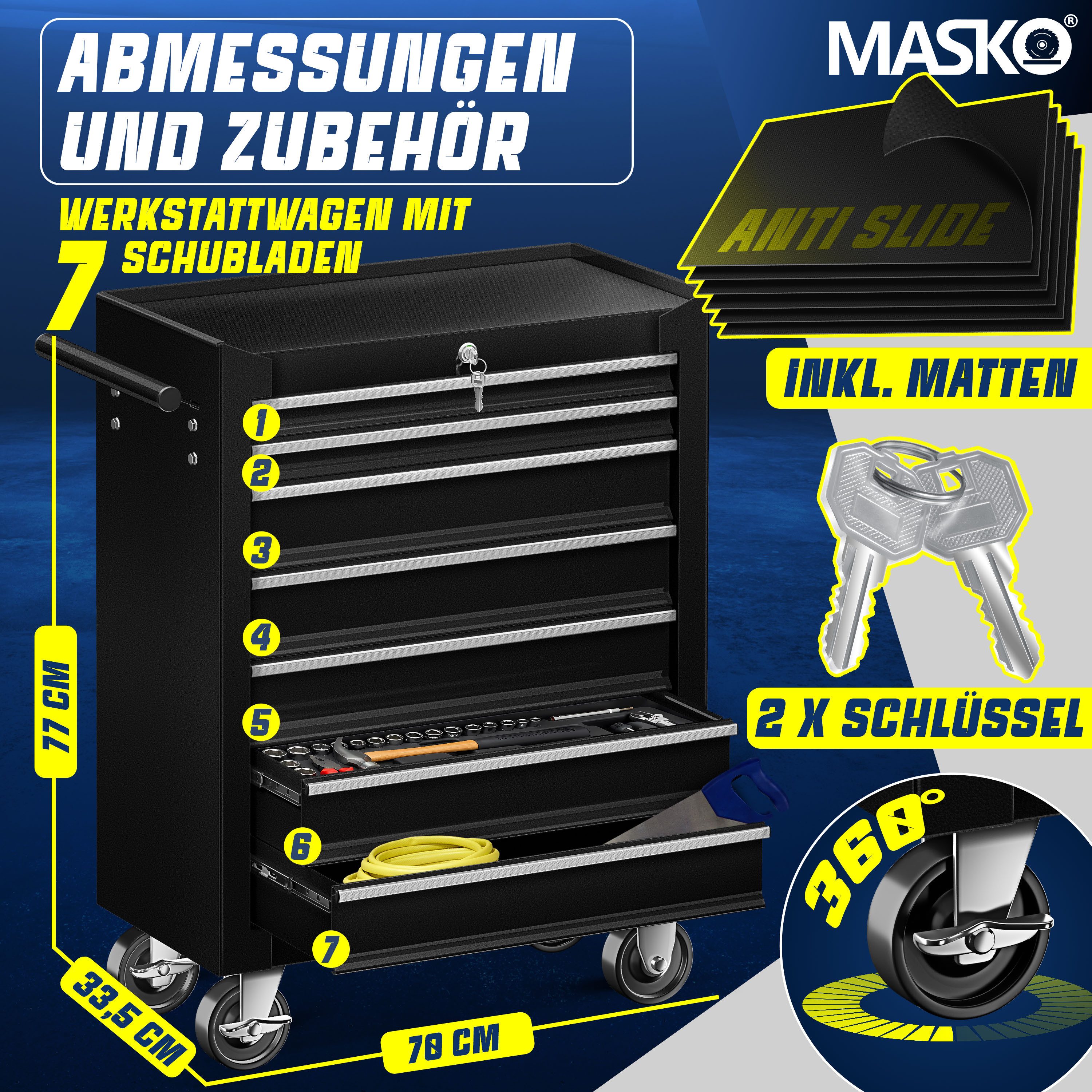 MASKO Werkstattwagen, 7 Fächer Schwarz, Werkzeugwagen günstig online kaufen