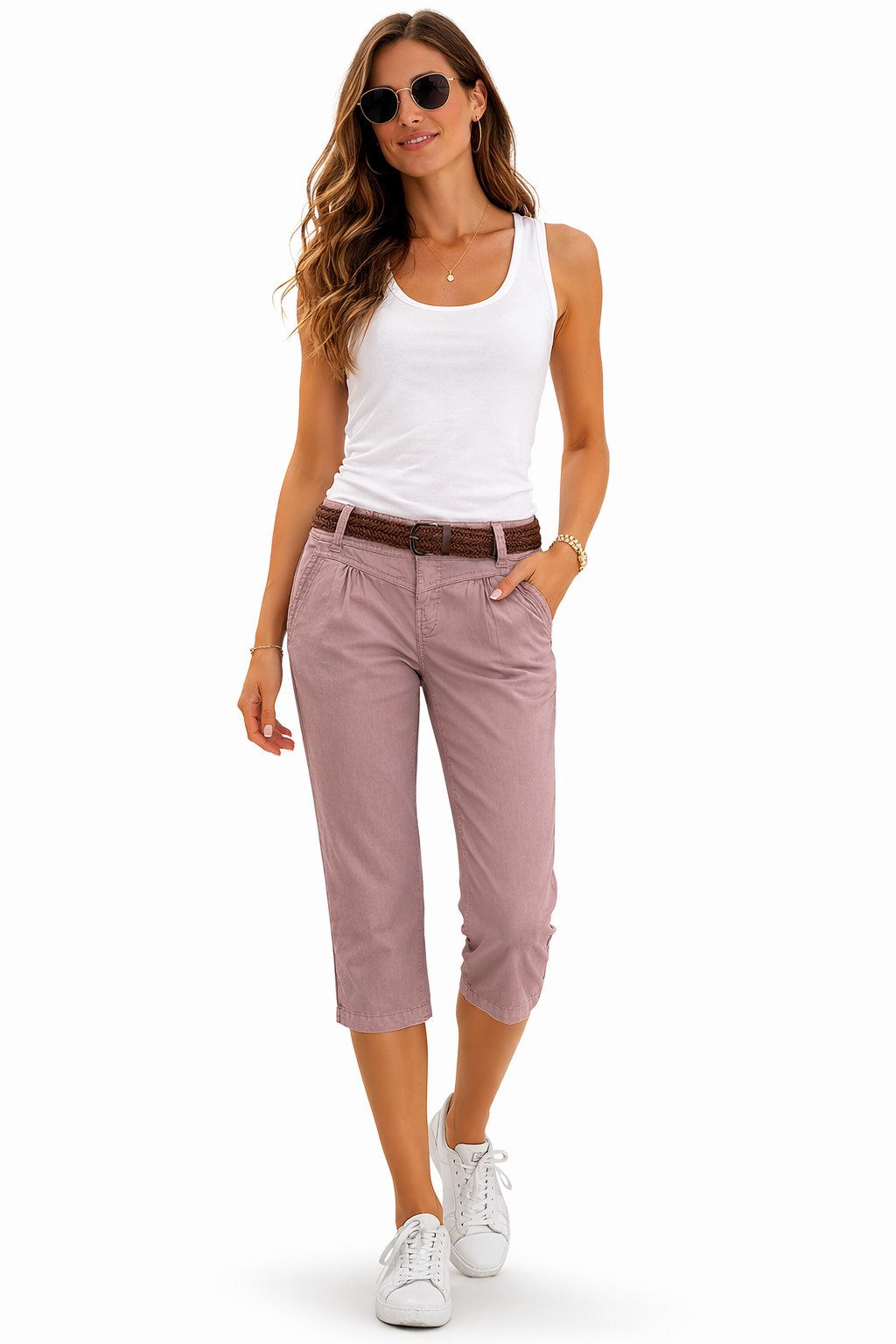 Fresh Made Bermudas Damen Short Bermuda 3/4 Hose Sommer Chino Stoff Hose mit Gürtel Capri