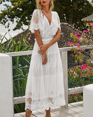 ZWY A-Linien-Kleid Damen Extra Lange Spitze Solide Farbe V-Ausschnitt und kurzen Ärmeln