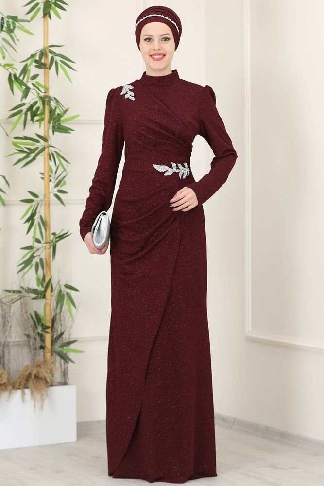 Maxikleid langärmliges Abiye Damen Abendkleid Kleider Stoff Glitzer Bordeaux Hijab Abaya Maxikleid Modavitrini