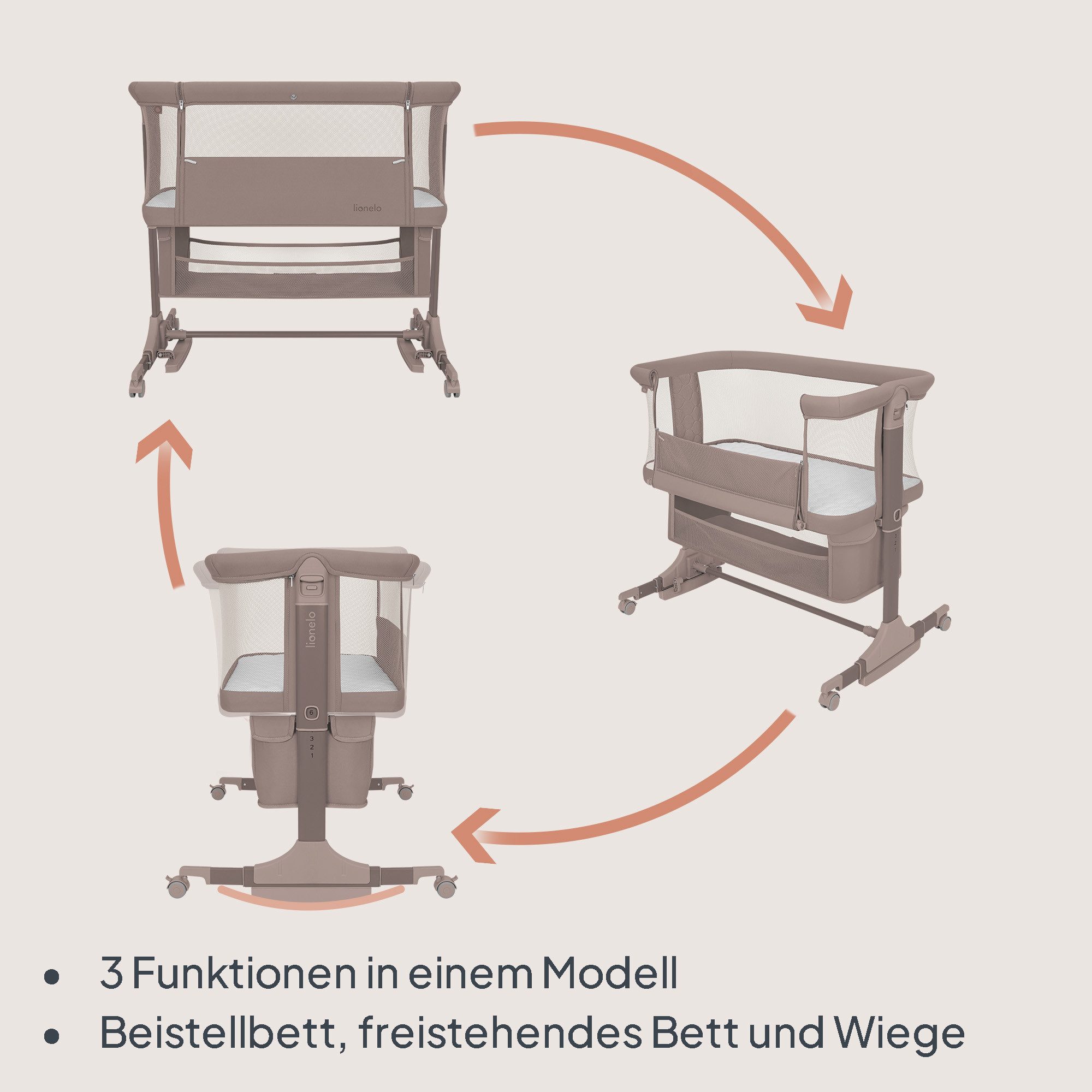 lionelo Baby-Reisebett JODIE, 3in1 Beistell/freistehend/Wiege/6 Stufen/Netzseiten/4 Rollen
