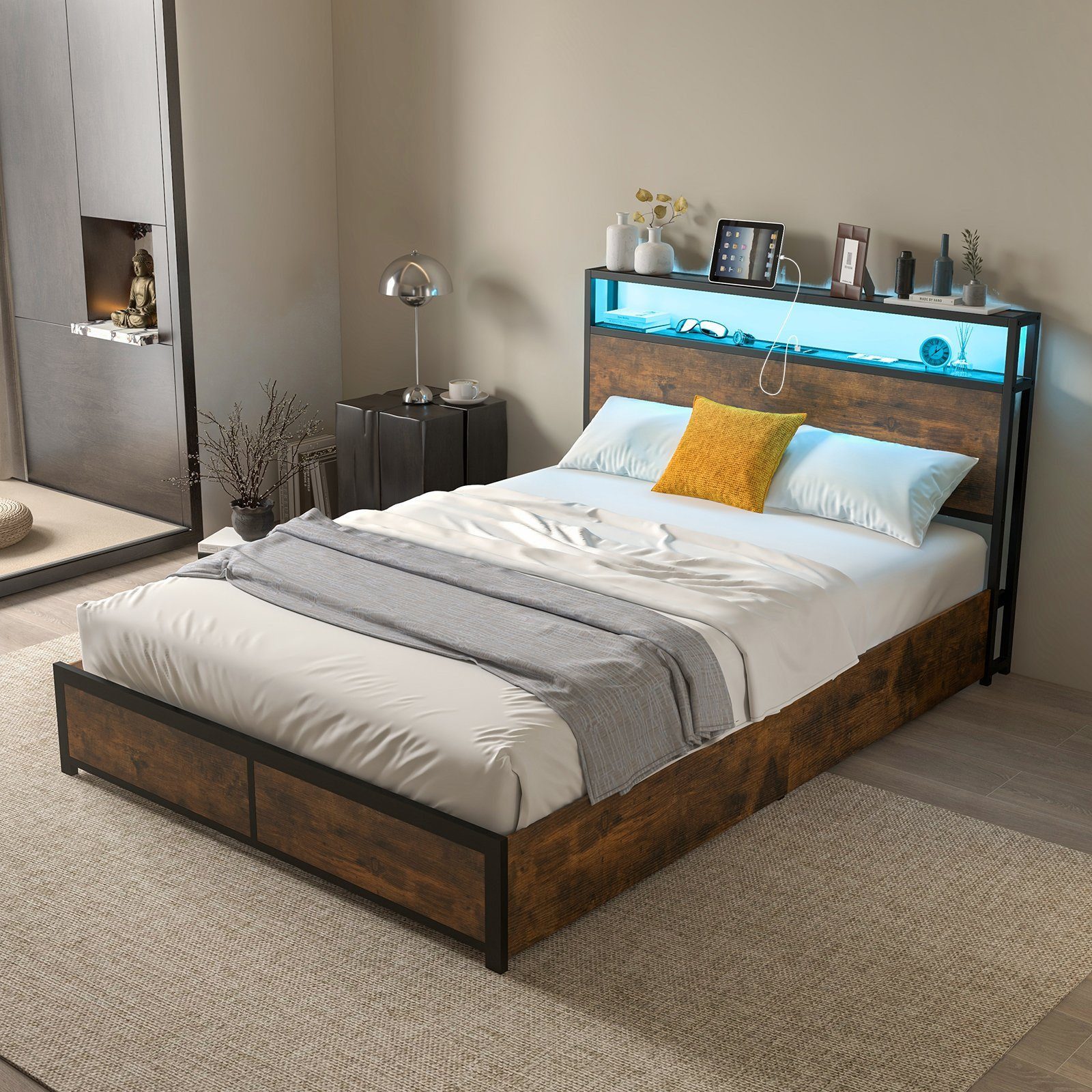 COSTWAY Bettgestell, mit LED Beleuchtung, Ladestation & 4 Schubladen. 140x2 günstig online kaufen