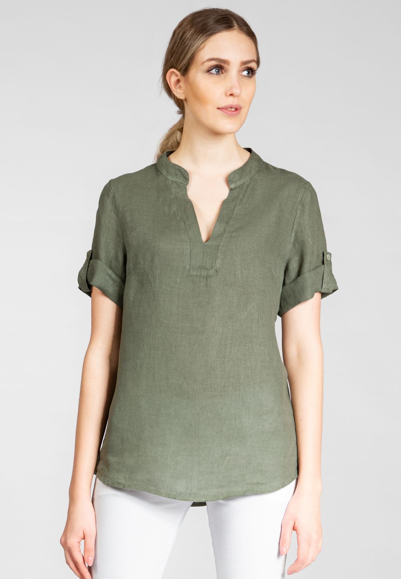 elegante BLU024 mit Sommer Shirtbluse V-Ausschnitt grün oliv Leinenbluse Caspar Damen stylischem Halbarm