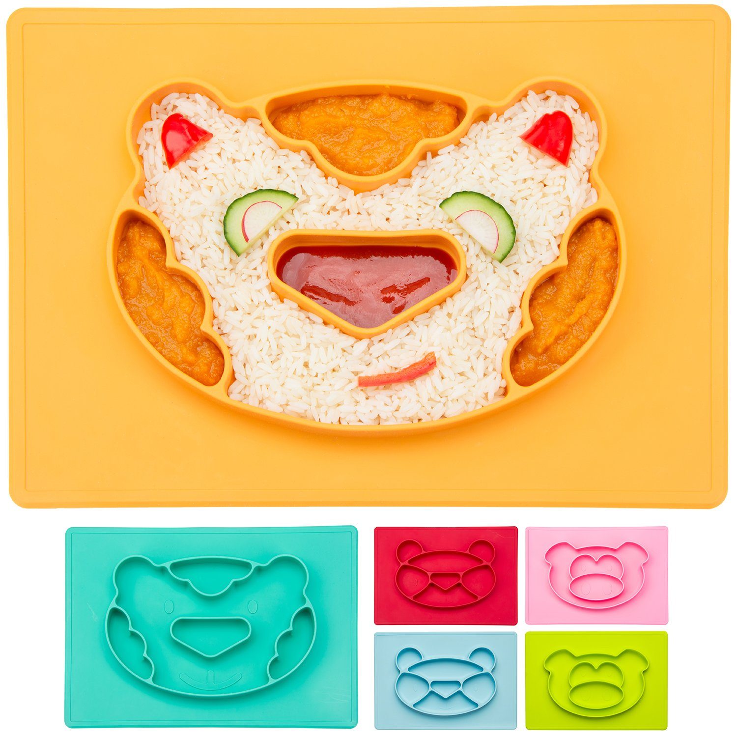 all Kids United Kindergeschirr-Set Kindergeschirr Set Silikon – Happy Face Kinder Teller & Baby Essmatte, Silikon, Baby Essmatte Essunterlage