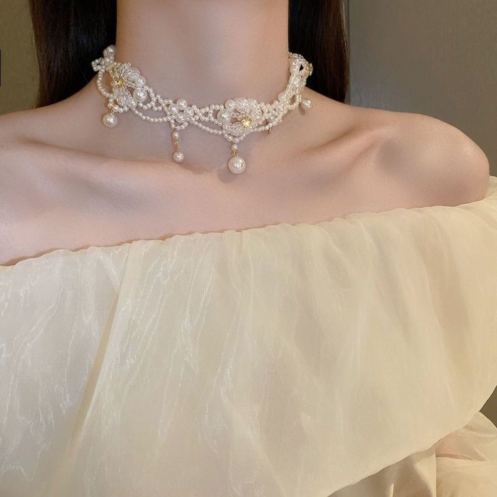WaKuKa (1-tlg) verkrustete Blume Kristall Bead-Ketten-Set Perle Kette Diamant Halskette Schlüsselbein