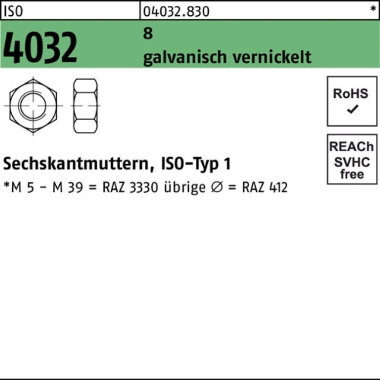 Bufab Muttern 500er Pack Sechskantmutter 500 8 ISO 4032 vernickelt galv. M10 Stück
