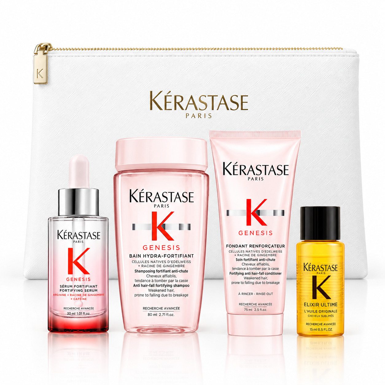 Kérastase Haarpflege-Set Genesis Reiseset – 4 Pflegeprodukte + Kosmetiktasche, 5-tlg., für geschwächtes, zu Haarbruch neigendem Haar