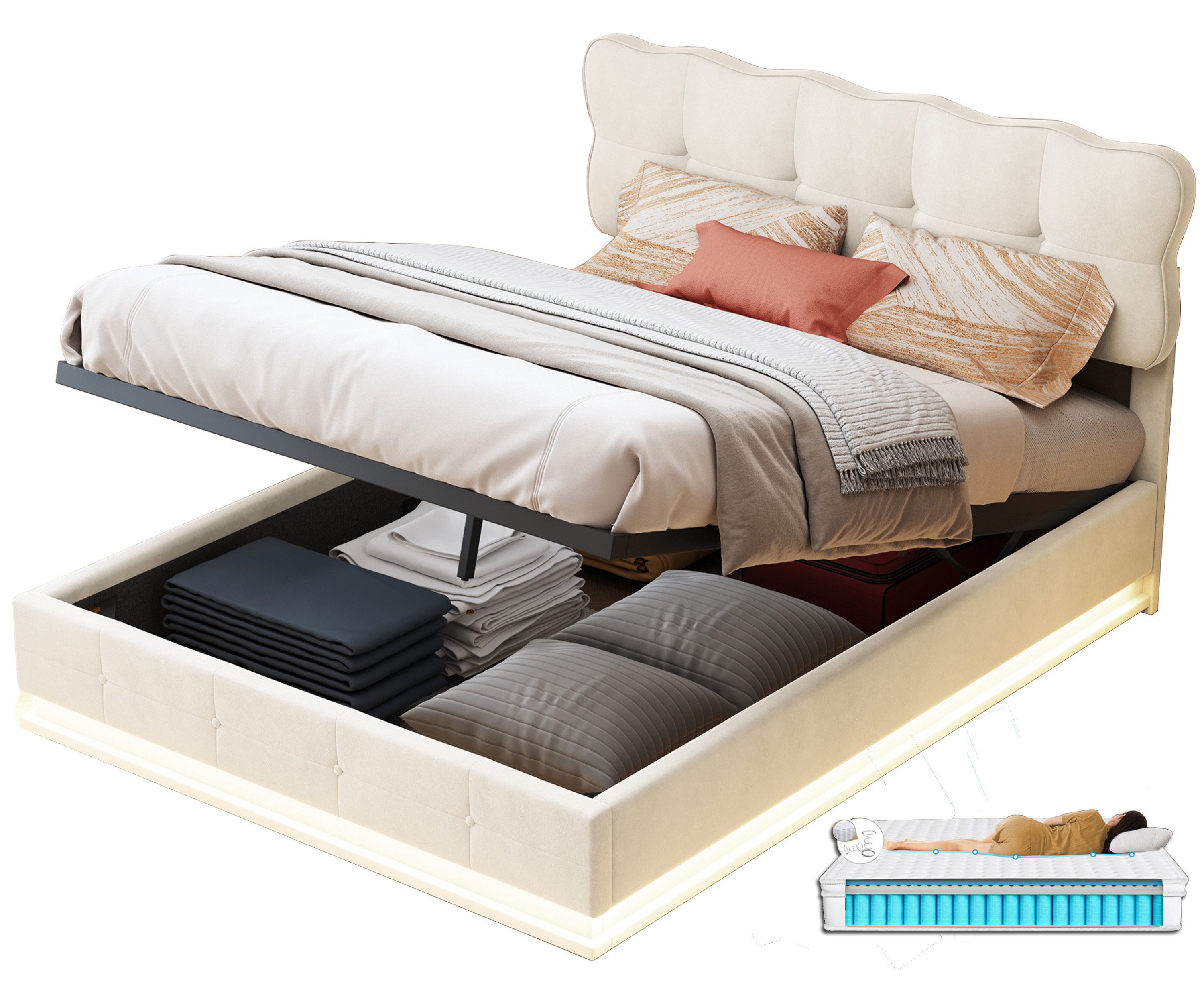 FUROKOY Polsterbett Doppelbett Stauraumbett Hydraulisch anhebbarer günstig online kaufen