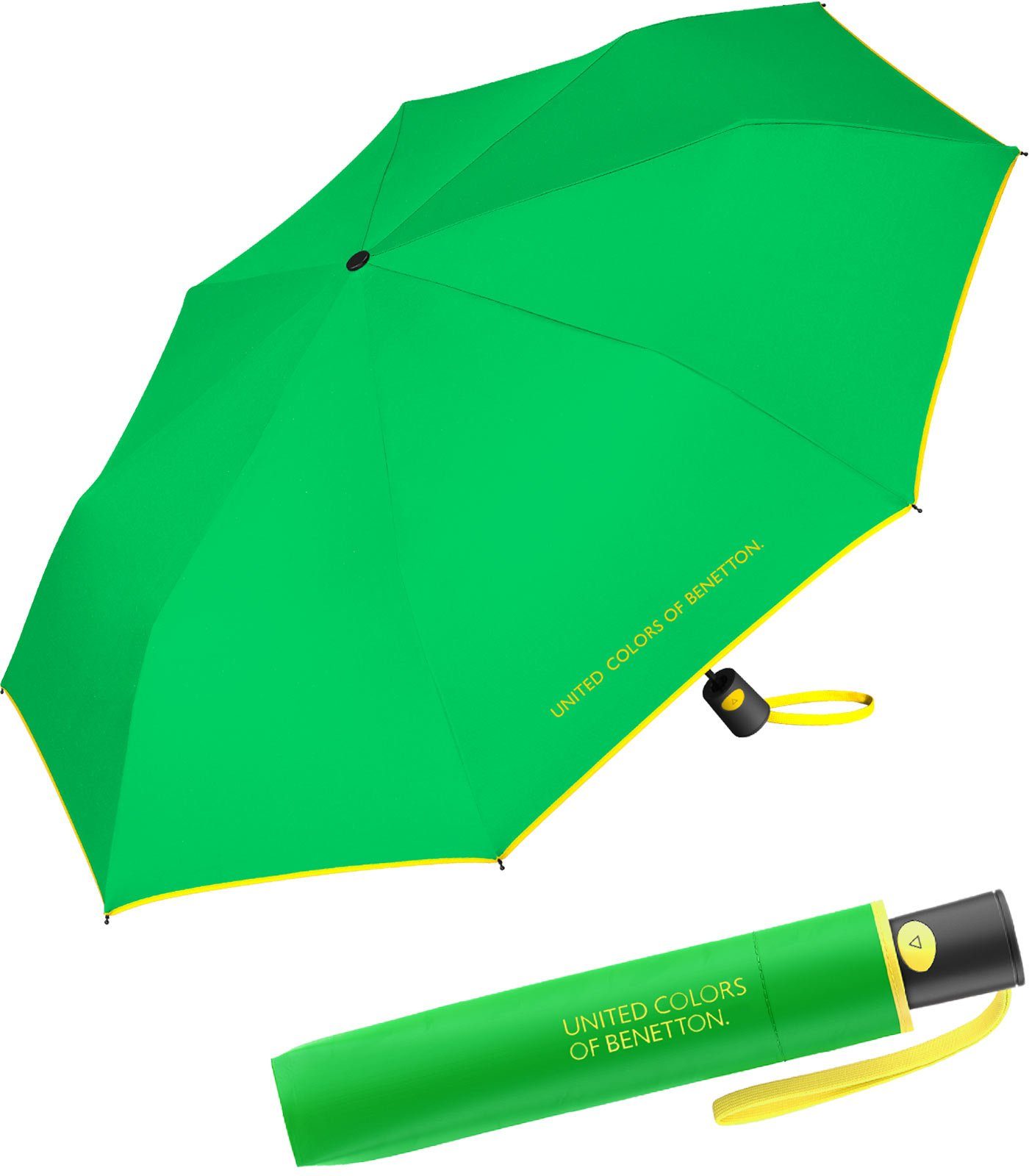 United Colors mit Benetton Taschenregenschirm Auf-Automatik, Schirmrand mit of am grün-gelb Damen-Regenschirm Kontrastfarben schöner 
