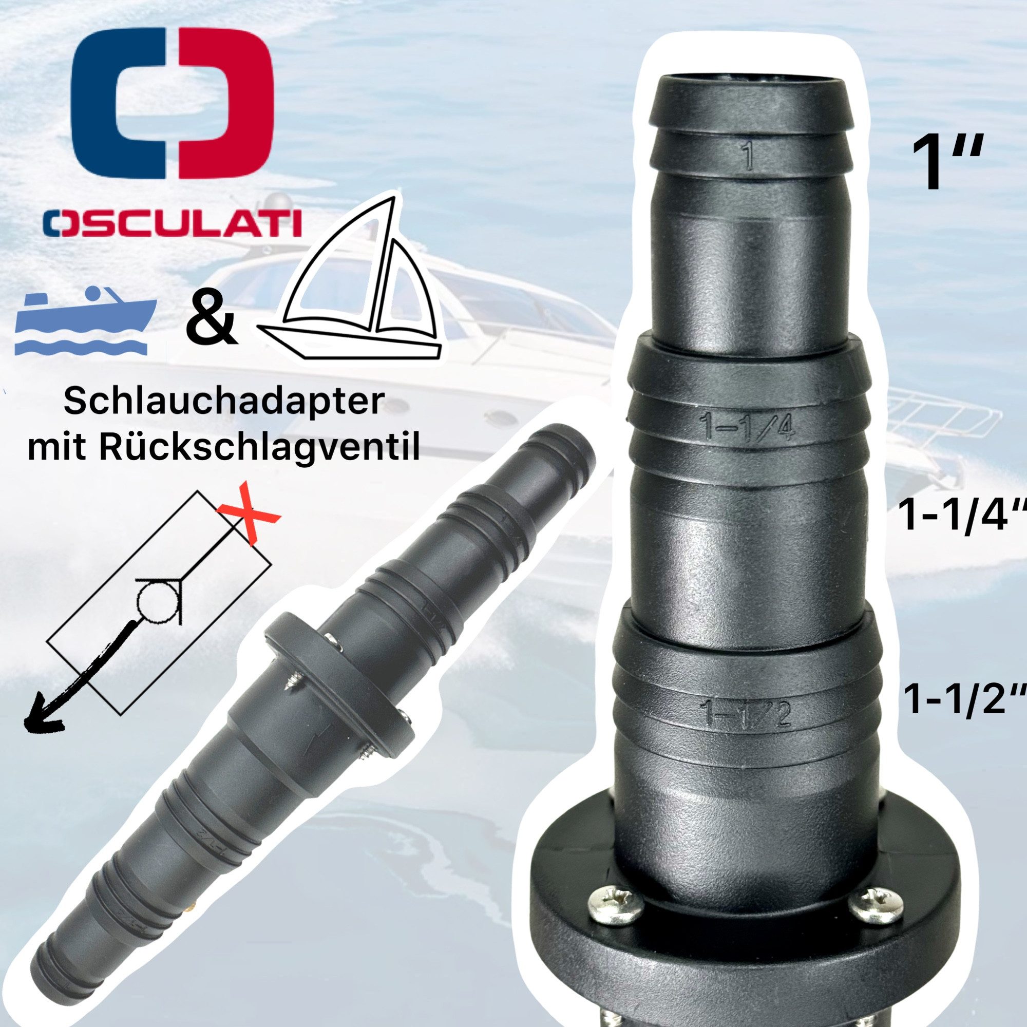 Osculati Motorboot Marine Boot Pumpen Schlauch Adapter Rückschlagventil 25 / 32 / 38mm