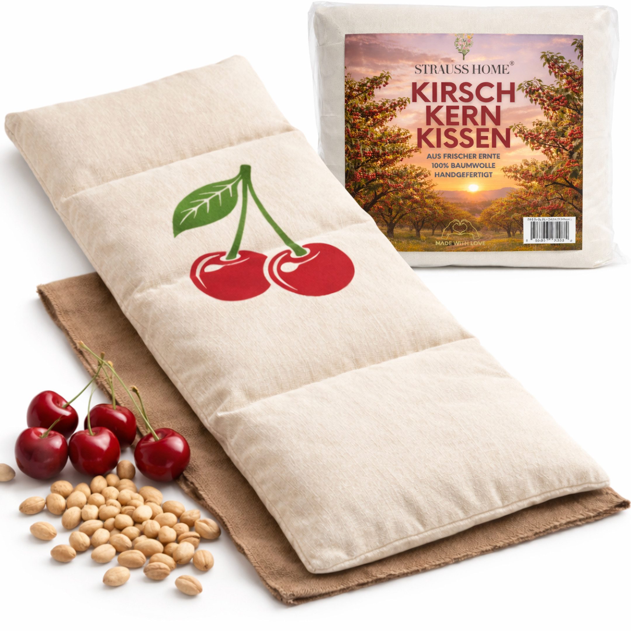 Strauss Home Wärmekissen Kirschkernkissen groß – mikrowellengeeignetes Wärmekissen – 20x50 cm, (1-tlg), gegen Verspannungen oder Koliken – Kirschkerne – waschbarer Bezug