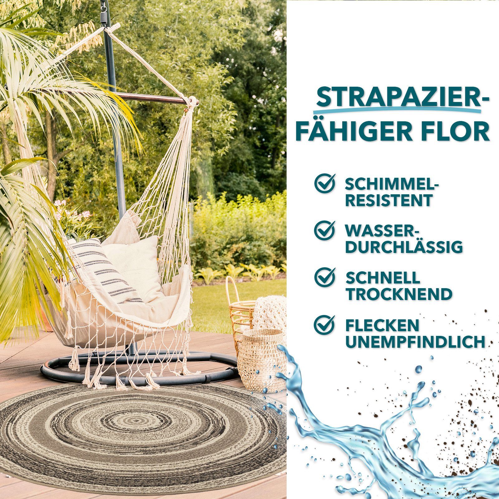 Kubus Teppich Leyla, 4 Farben, In- & Outdoor geeignet, 100% Polypropylen, Rund, Höhe: 7 mm, pflegeleicht, Wohnzimmer